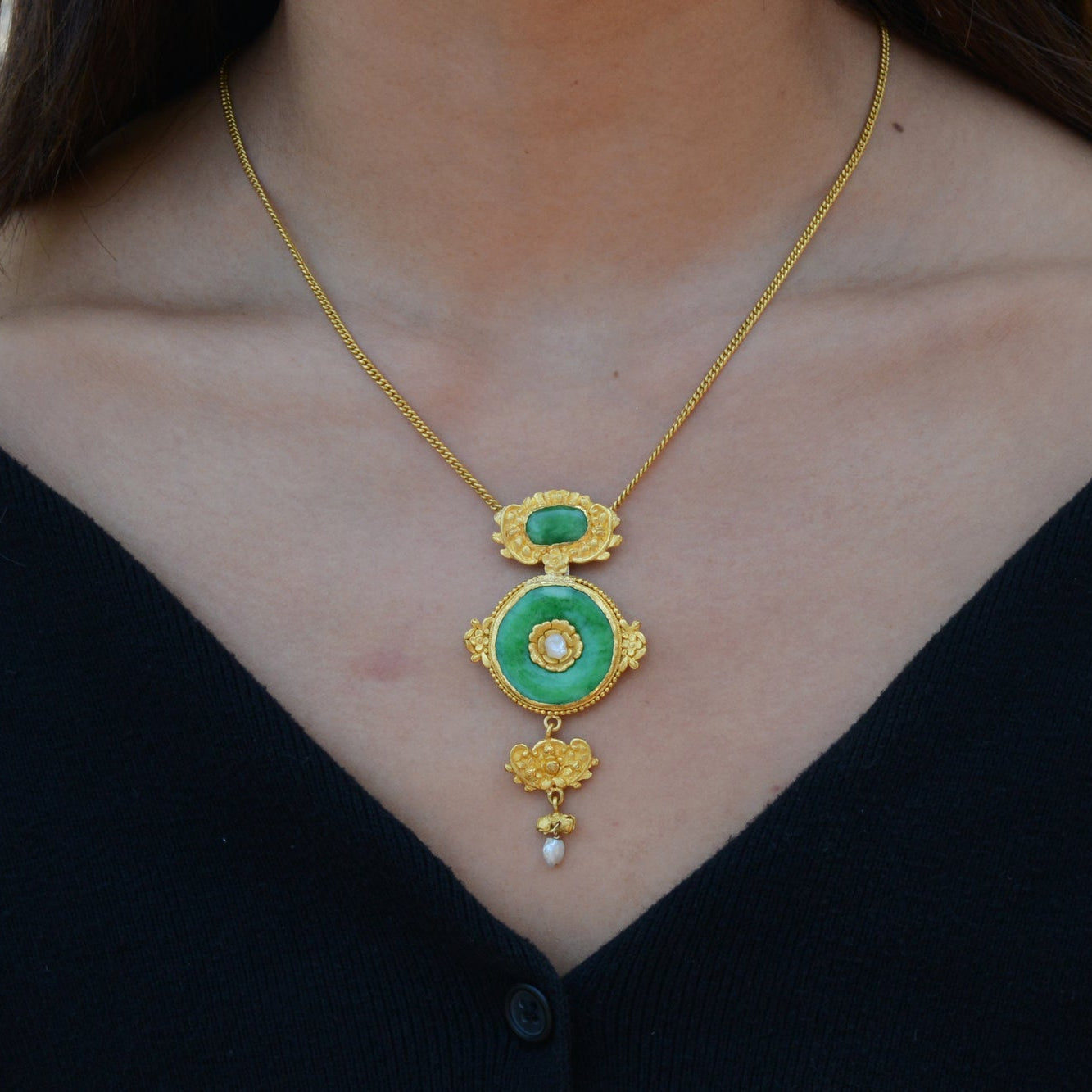 Antique Art Nouveau 24K Gold Imperial Jadeite Necklace