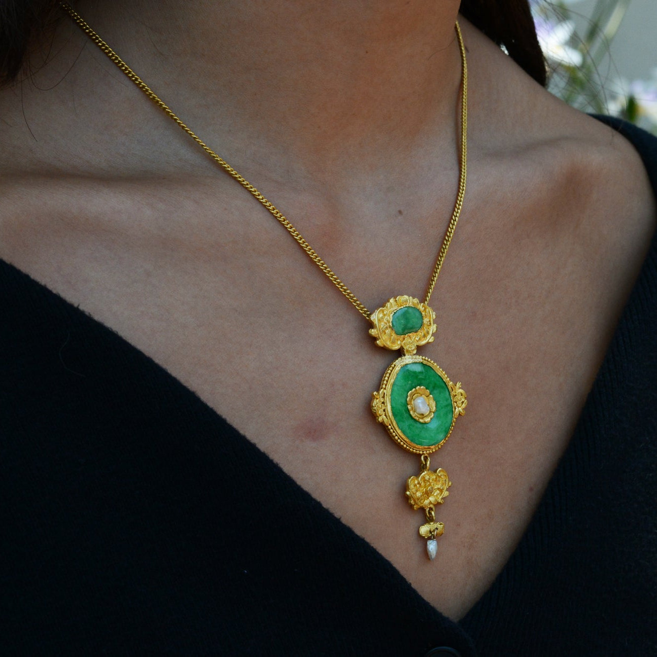 Antique Art Nouveau 24K Gold Imperial Jadeite Necklace