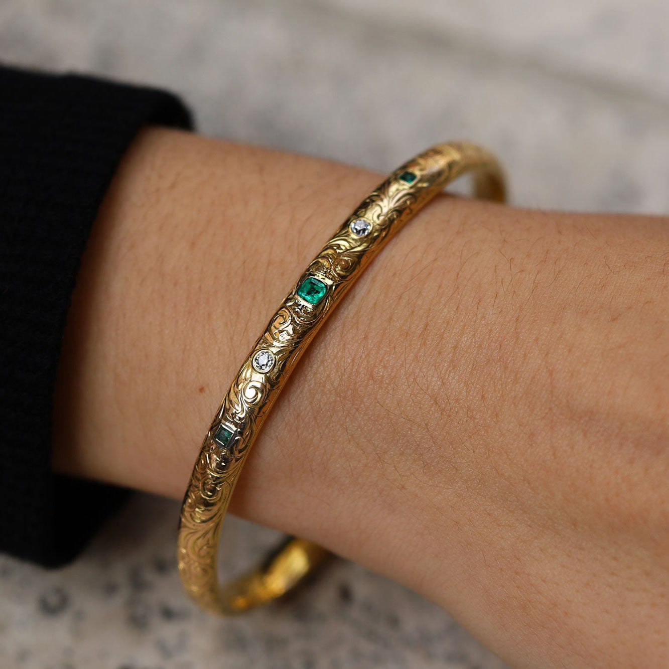 Antique Art Nouveau Diamond and Emerald Engraved Bangle