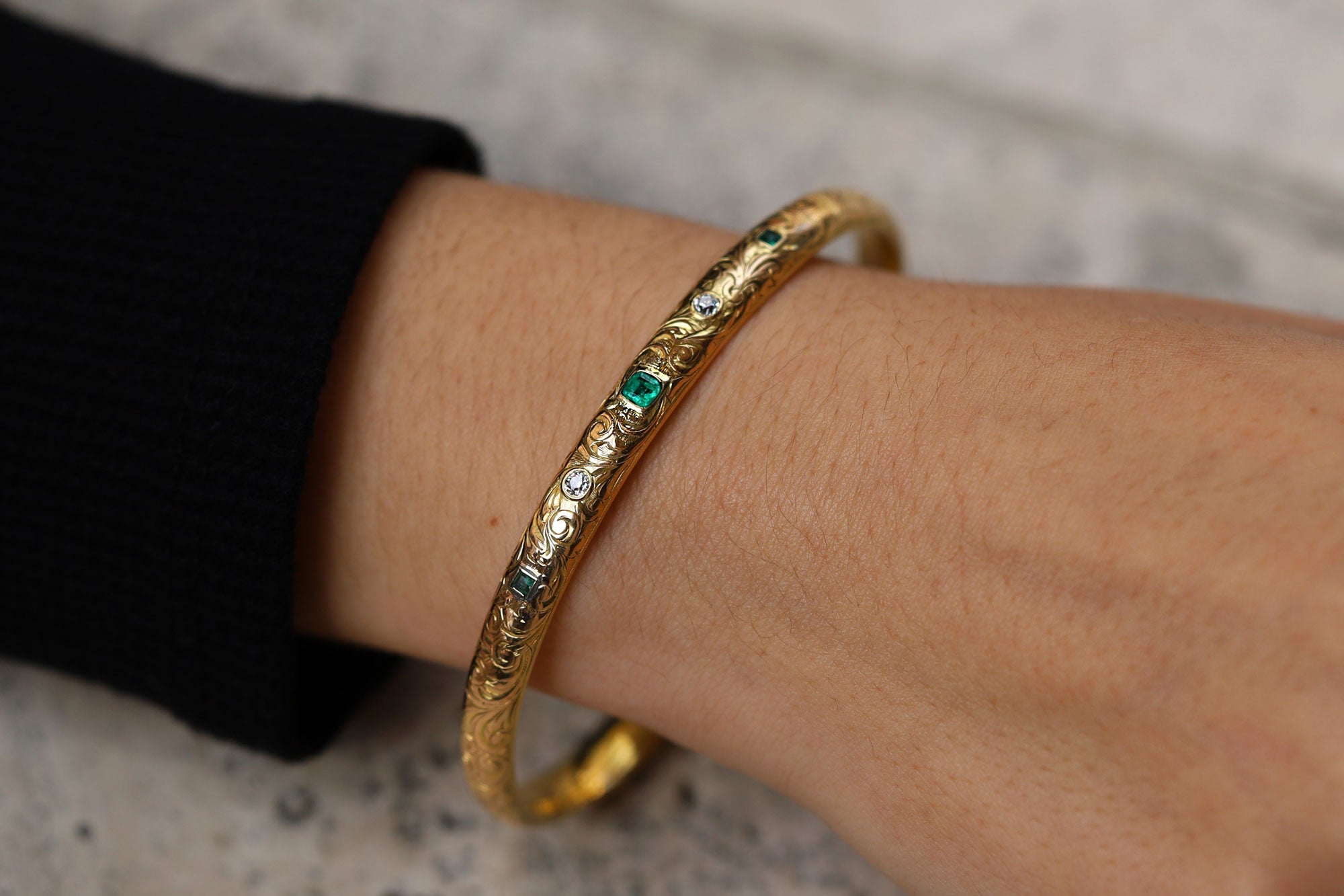 Antique Art Nouveau Diamond and Emerald Engraved Bangle