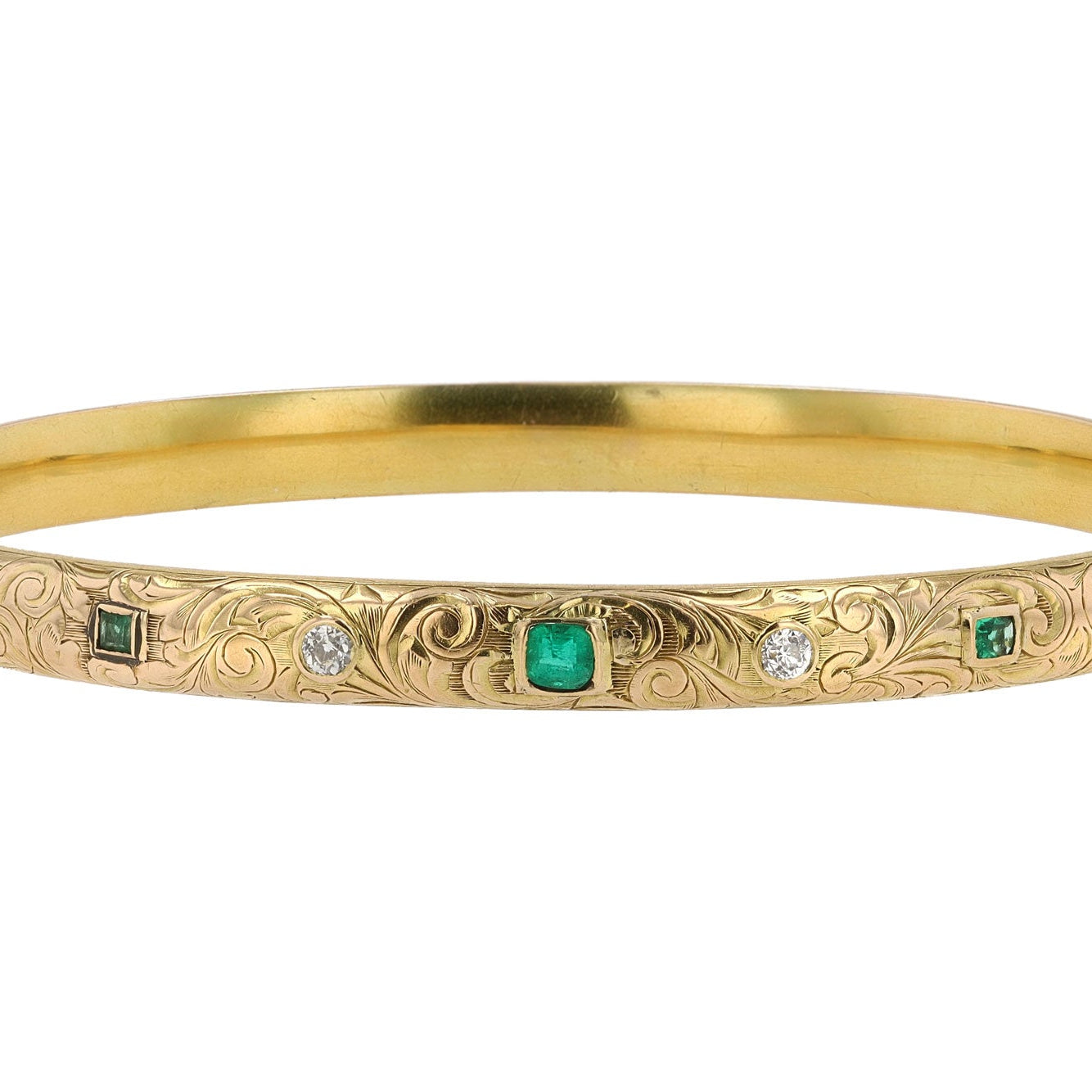 Antique Art Nouveau Diamond and Emerald Engraved Bangle