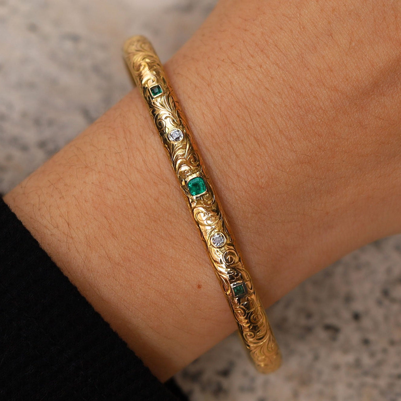 Antique Art Nouveau Diamond and Emerald Engraved Bangle
