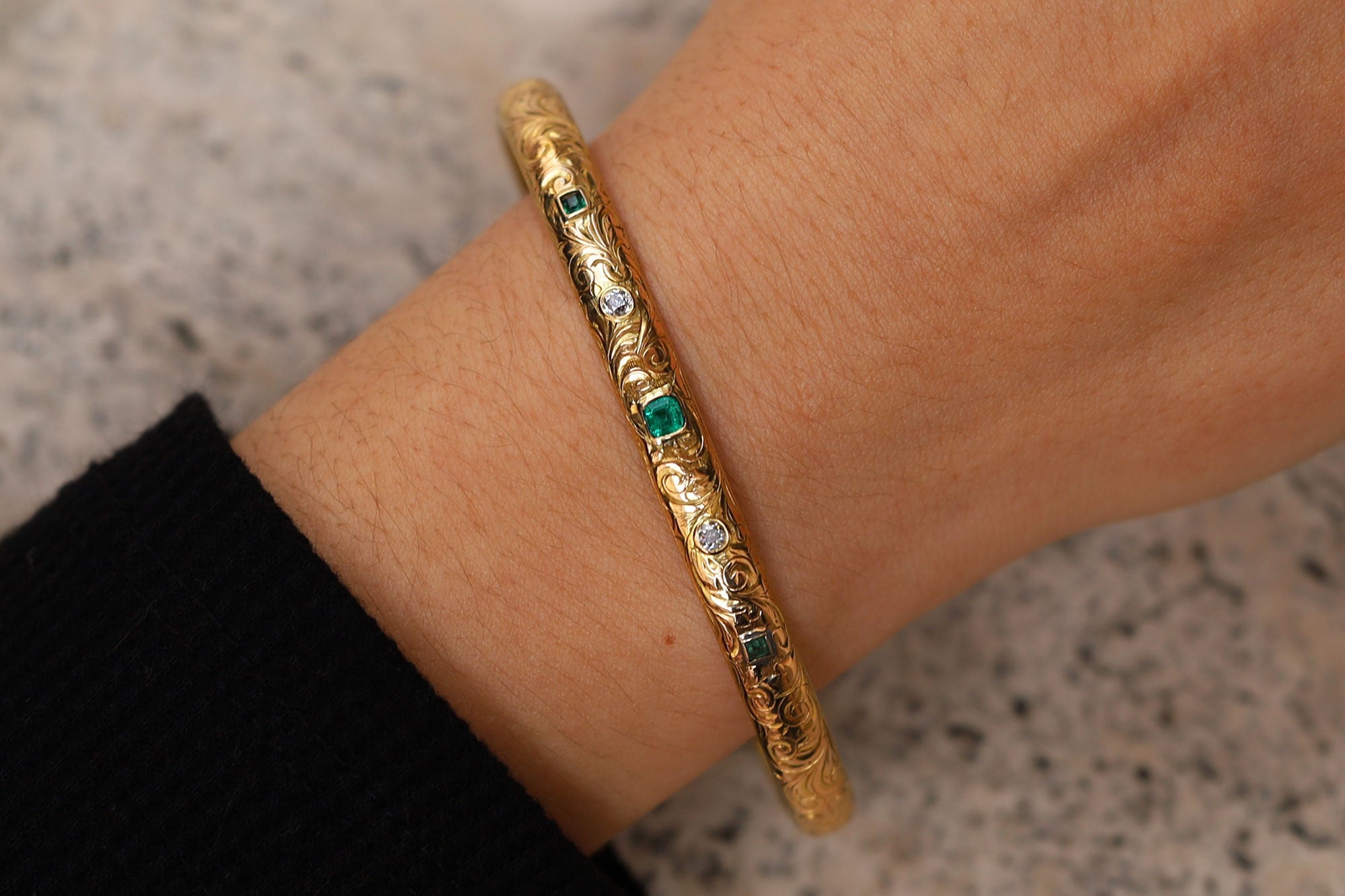 Antique Art Nouveau Diamond and Emerald Engraved Bangle