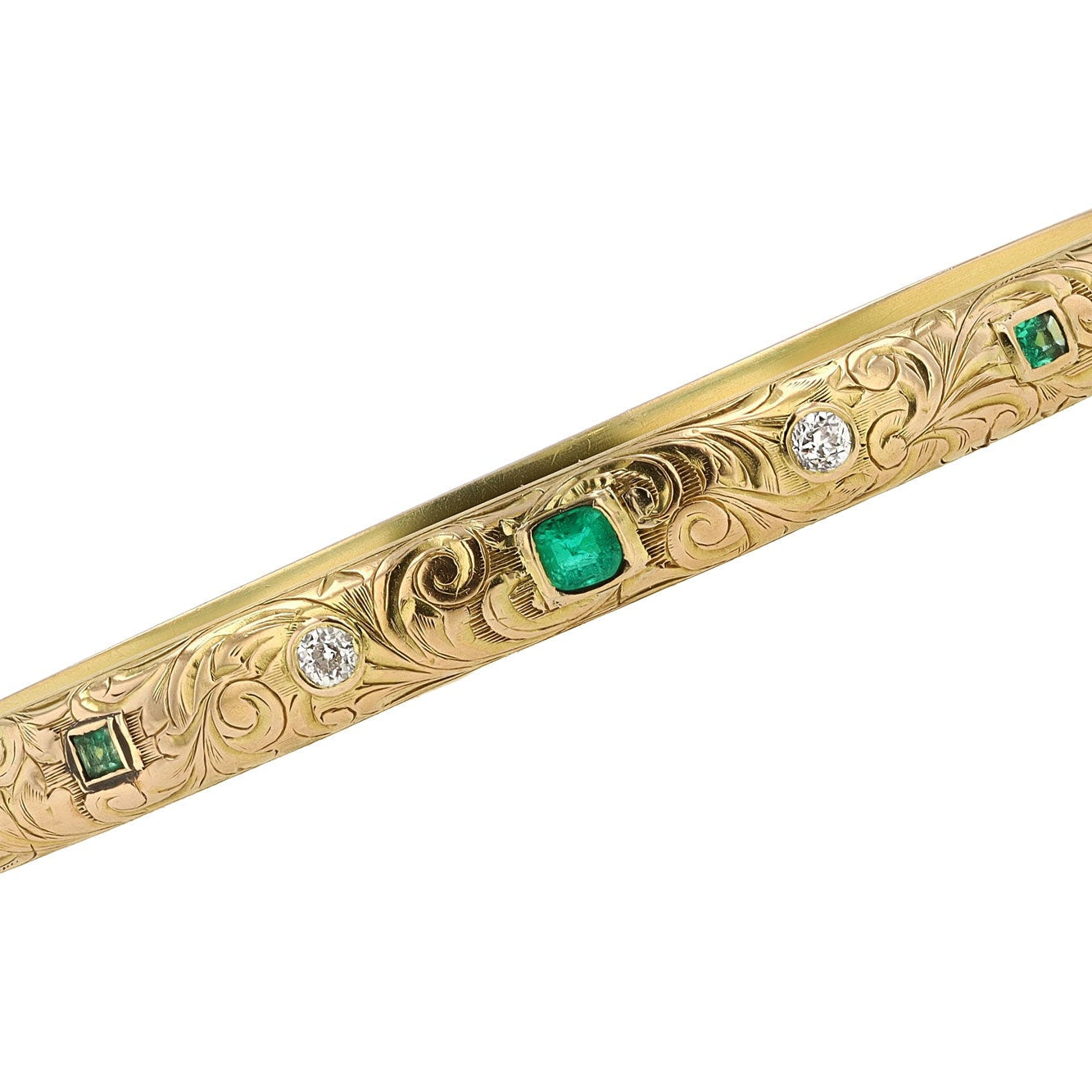 Antique Art Nouveau Diamond and Emerald Engraved Bangle