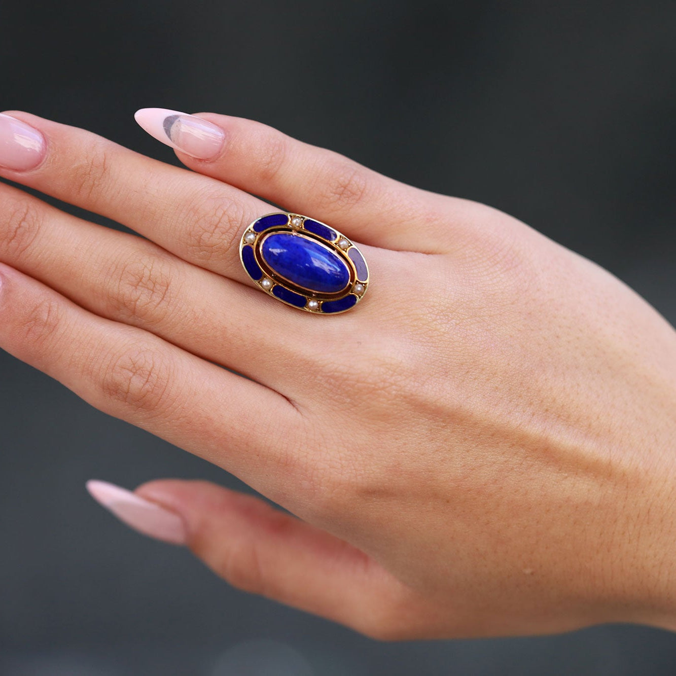 Antique Art Nouveau Lapis Lazuli & Enamel 14k Gold Cocktail Ring