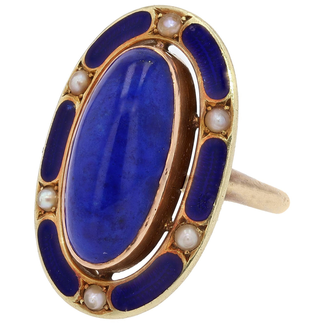 Antique Art Nouveau Lapis Lazuli & Enamel 14k Gold Cocktail Ring