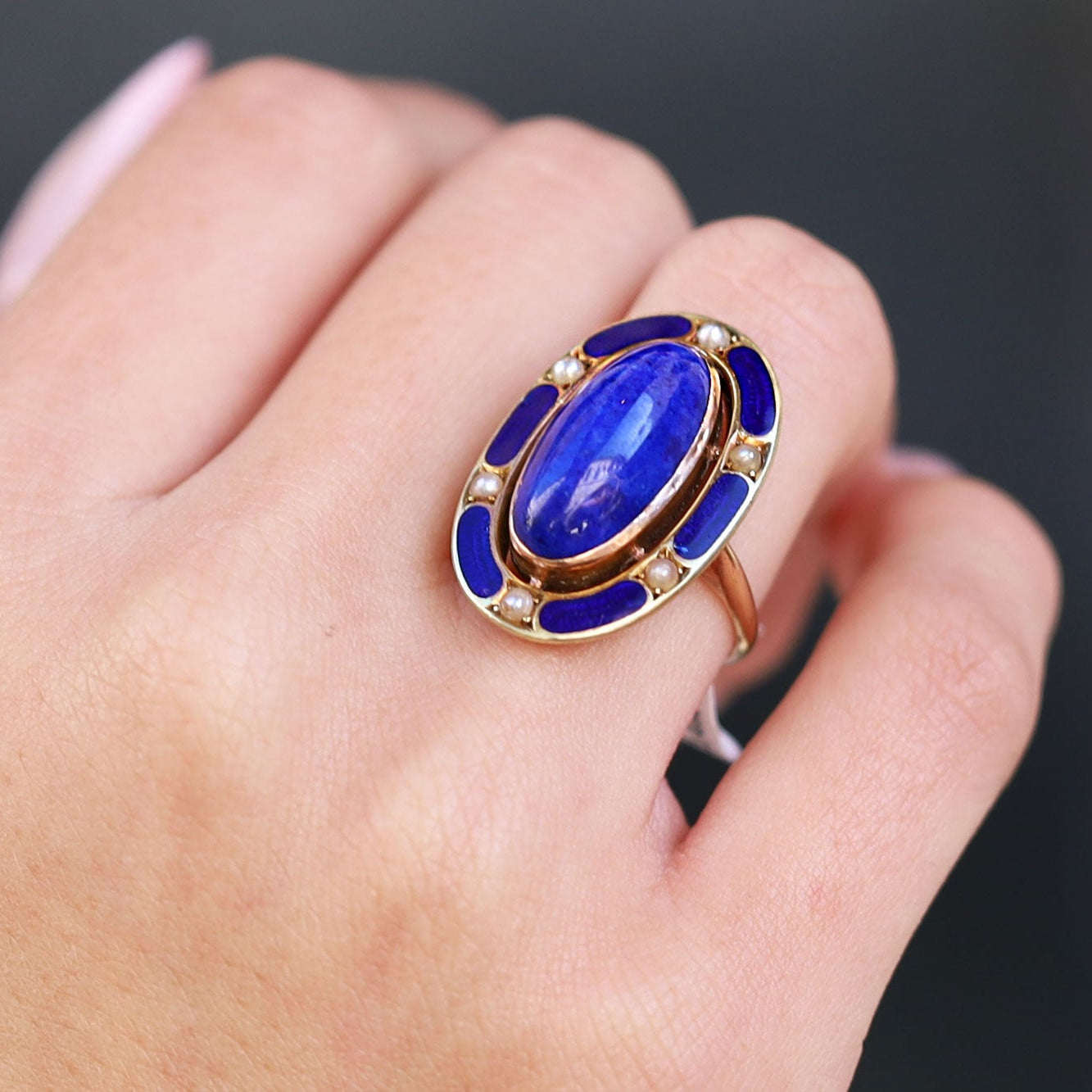 Antique Art Nouveau Lapis Lazuli & Enamel 14k Gold Cocktail Ring