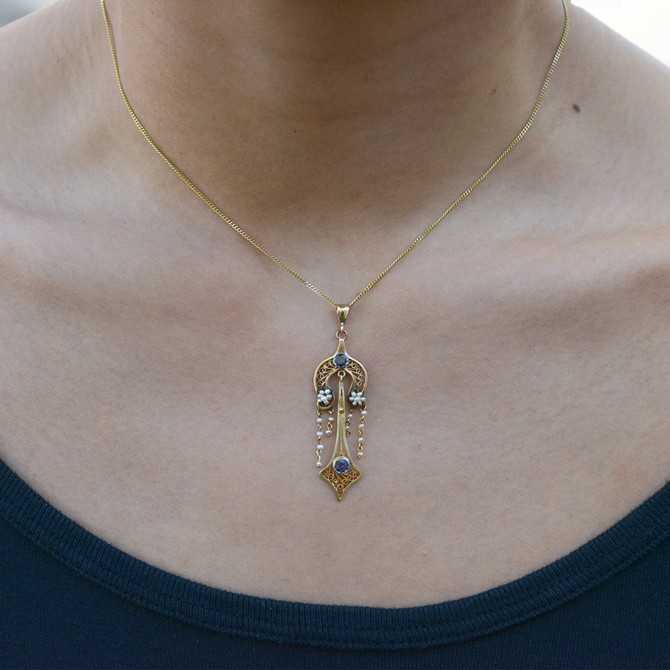 Antique Art Nouveau Montana Sapphire Seed Pearl Necklace