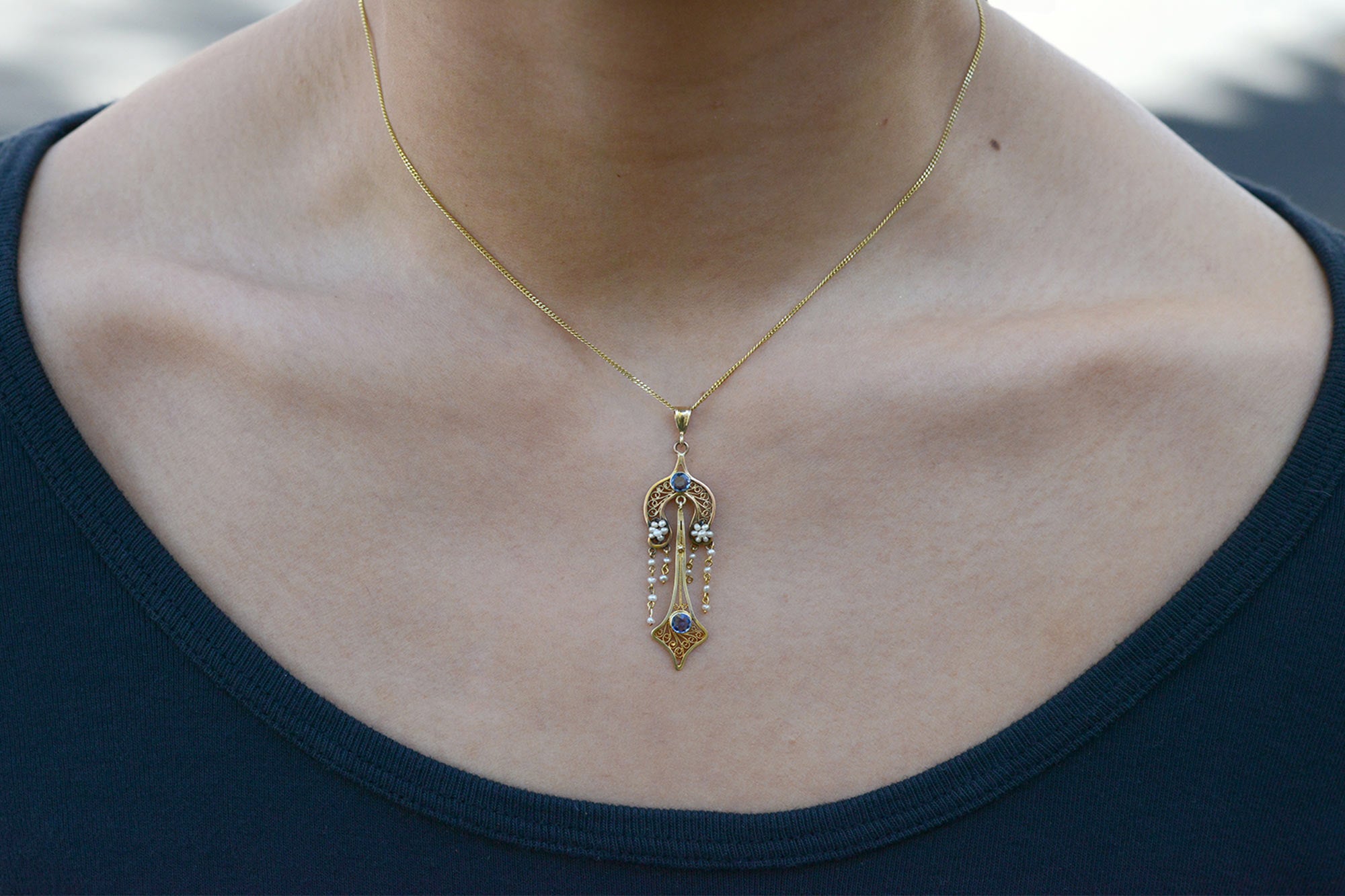 Antique Art Nouveau Montana Sapphire Seed Pearl Necklace