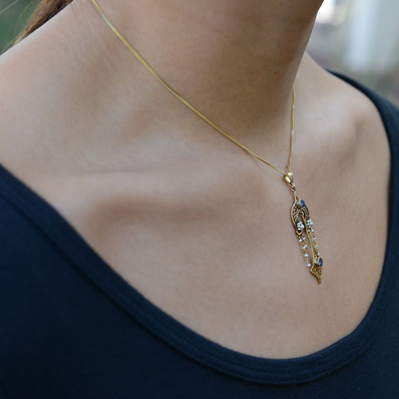 Antique Art Nouveau Montana Sapphire Seed Pearl Necklace