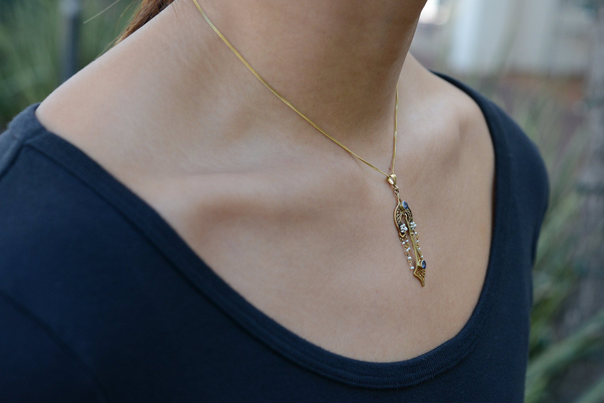 Antique Art Nouveau Montana Sapphire Seed Pearl Necklace