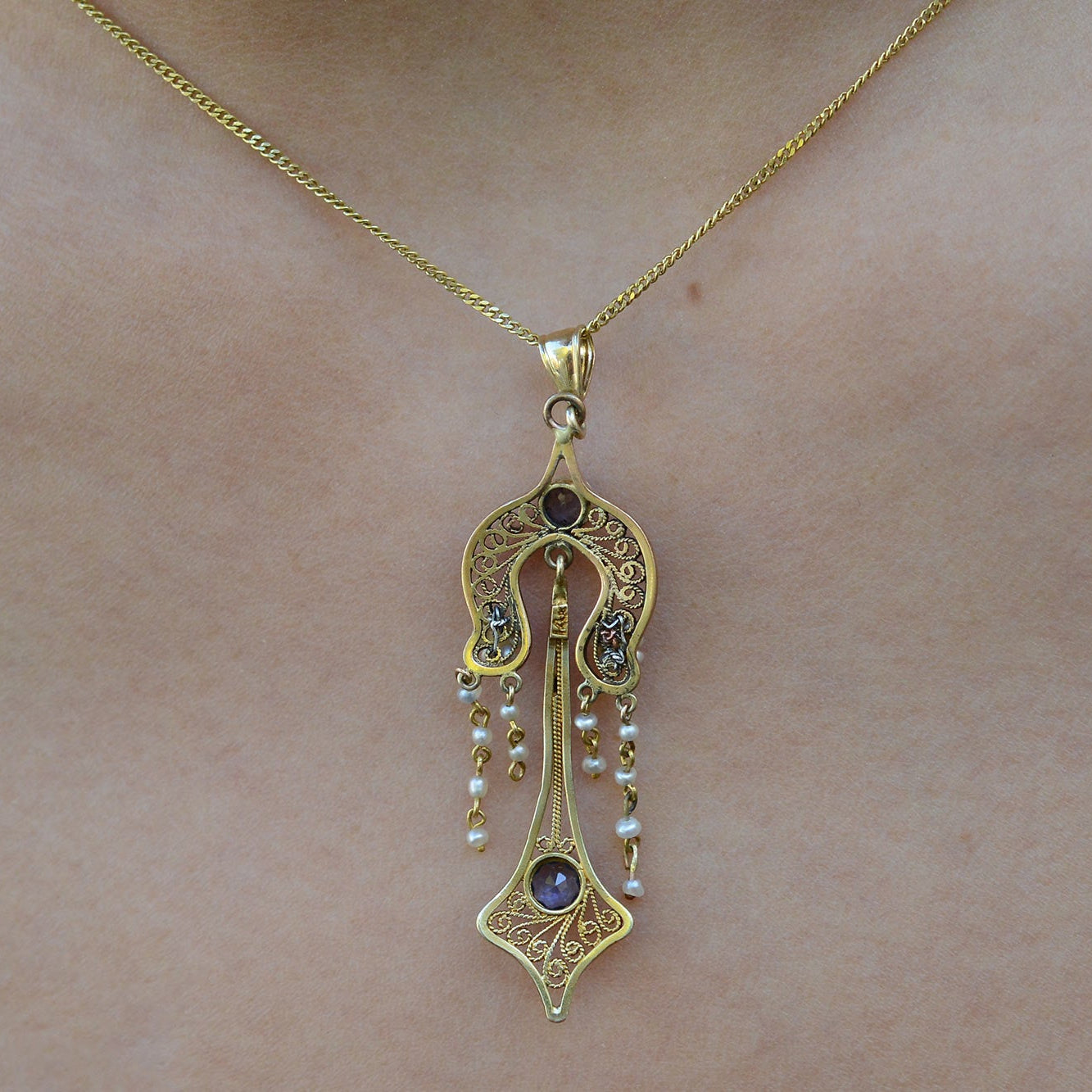 Antique Art Nouveau Montana Sapphire Seed Pearl Necklace