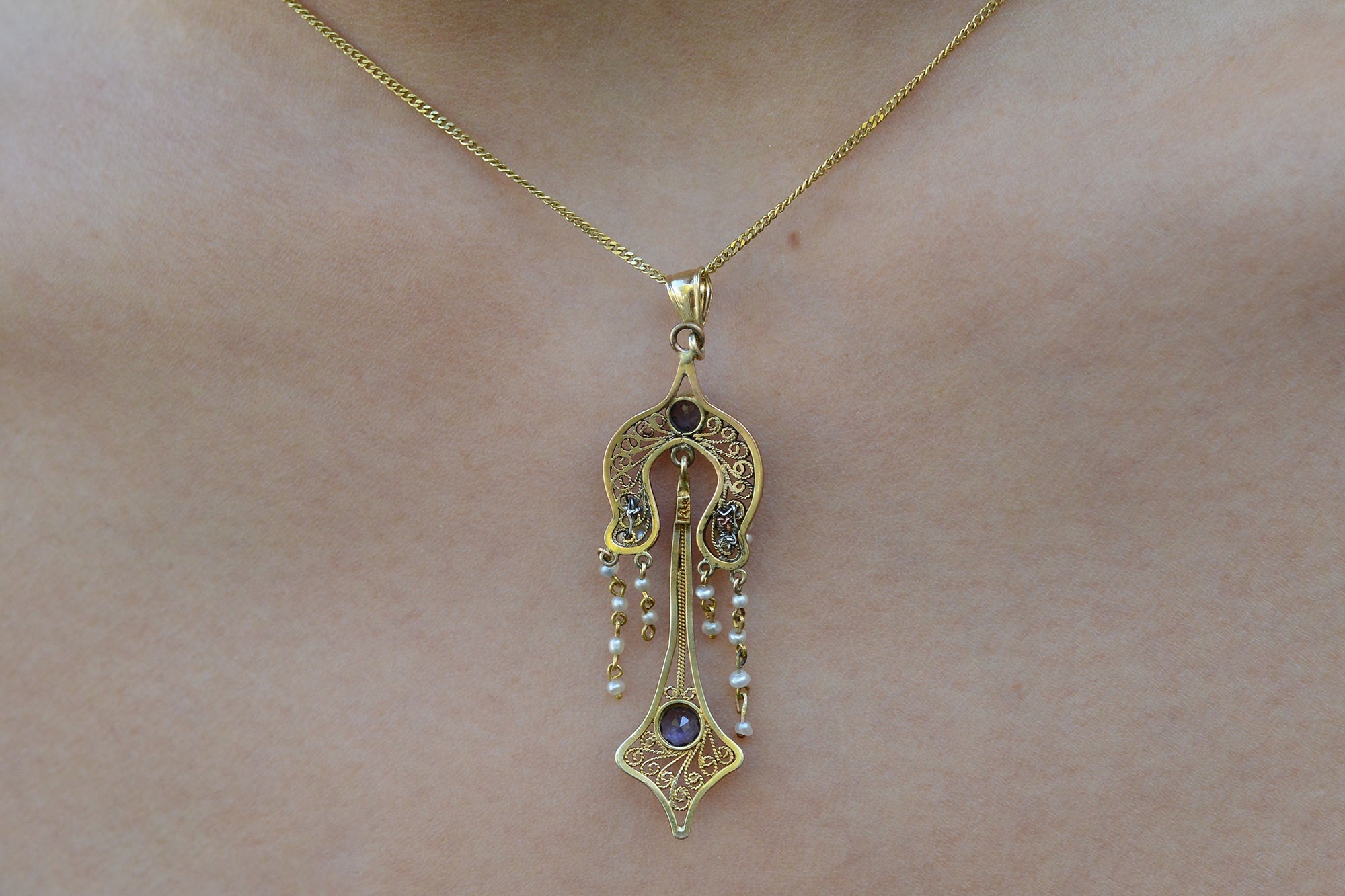 Antique Art Nouveau Montana Sapphire Seed Pearl Necklace