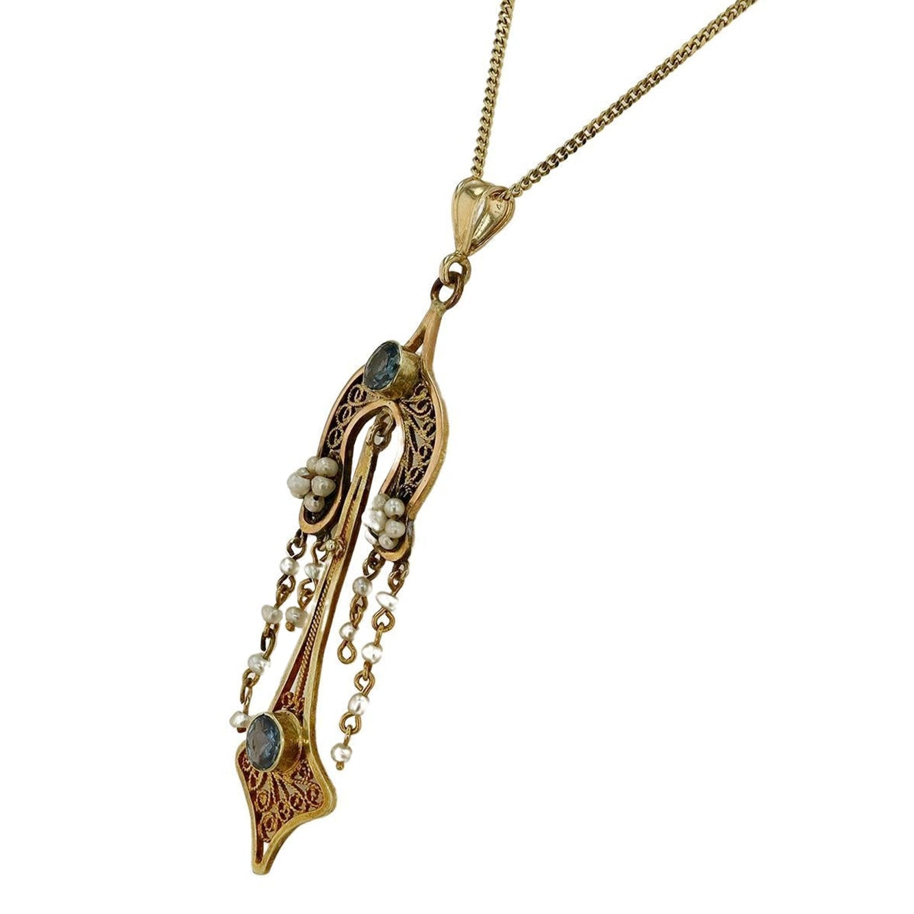 Antique Art Nouveau Montana Sapphire Seed Pearl Necklace