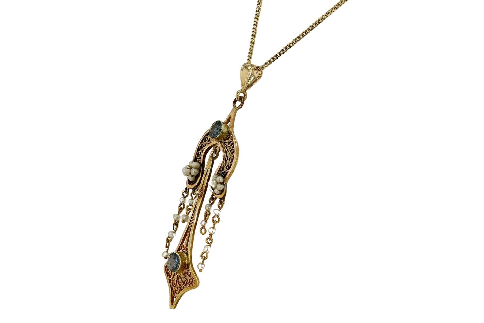 Antique Art Nouveau Montana Sapphire Seed Pearl Necklace