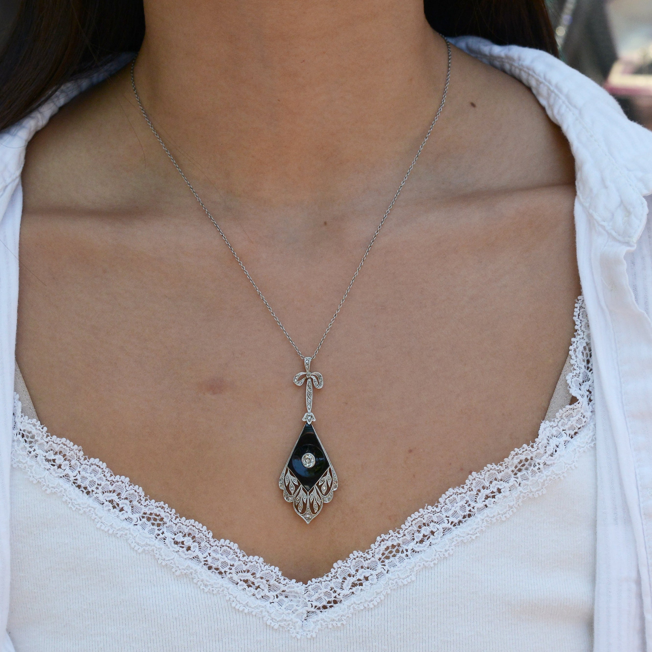 Antique Edwardian Black Onyx Diamond Bow Necklace