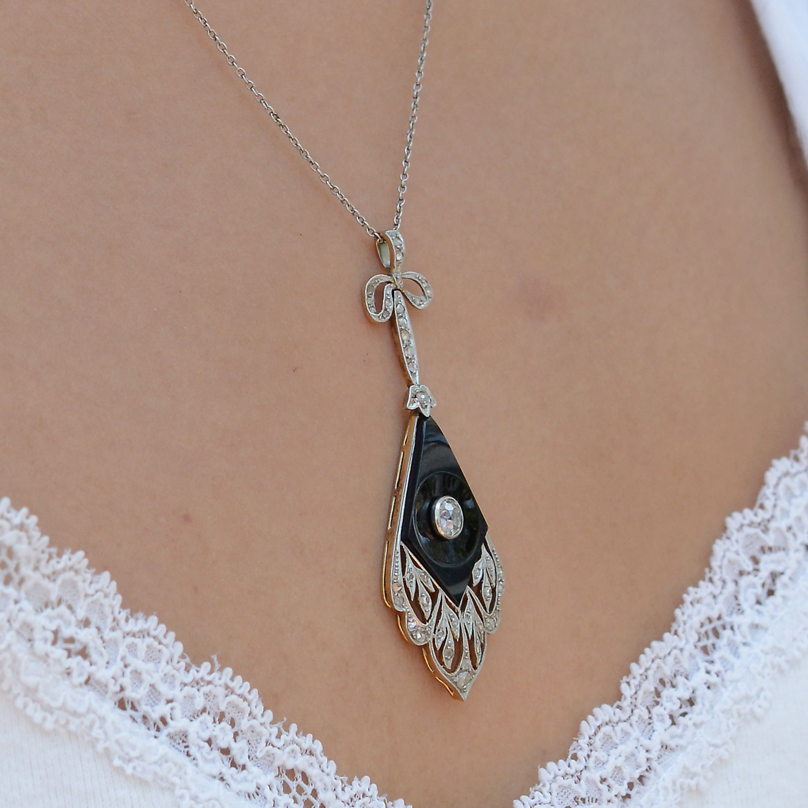 Antique Edwardian Black Onyx Diamond Bow Necklace