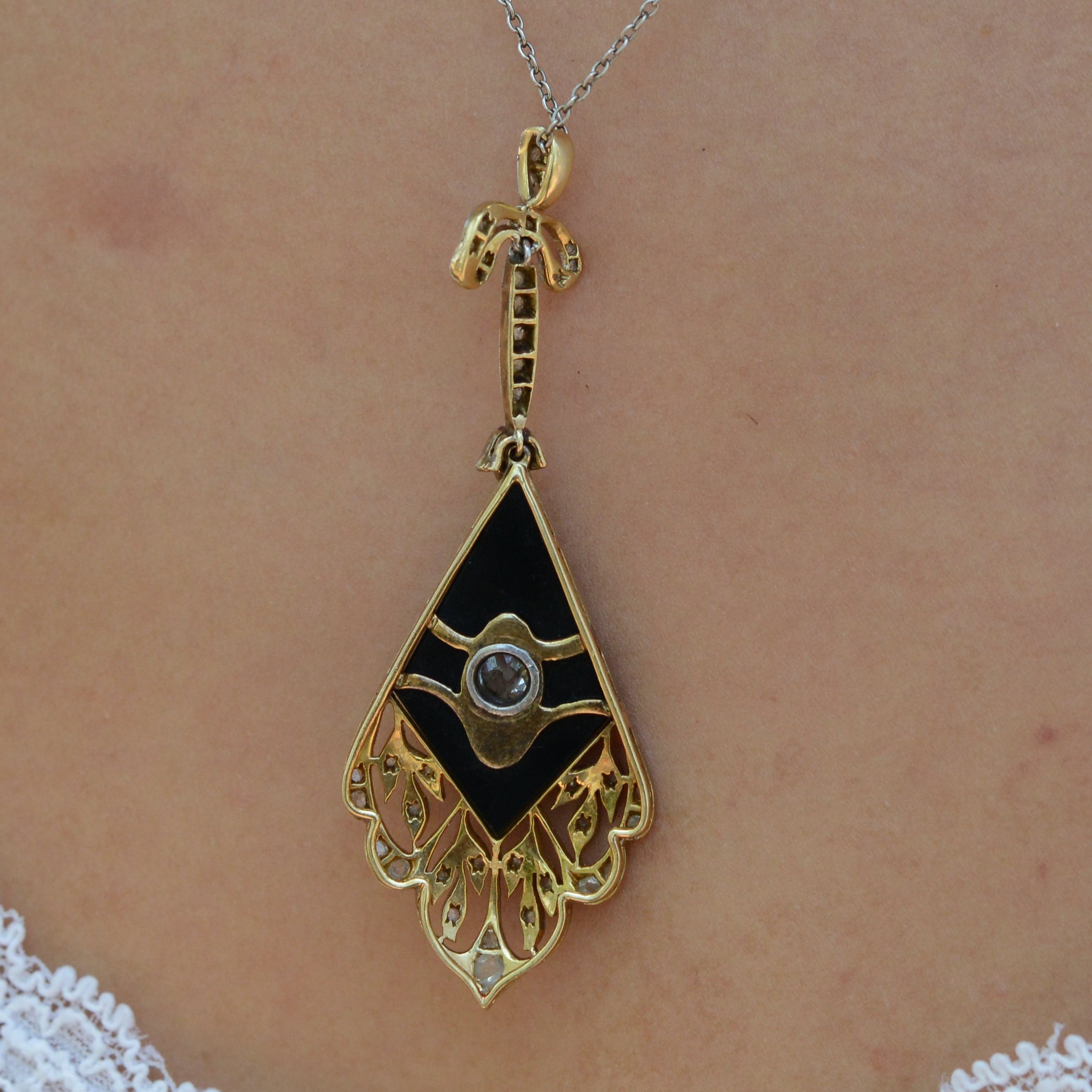 Antique Edwardian Black Onyx Diamond Bow Necklace