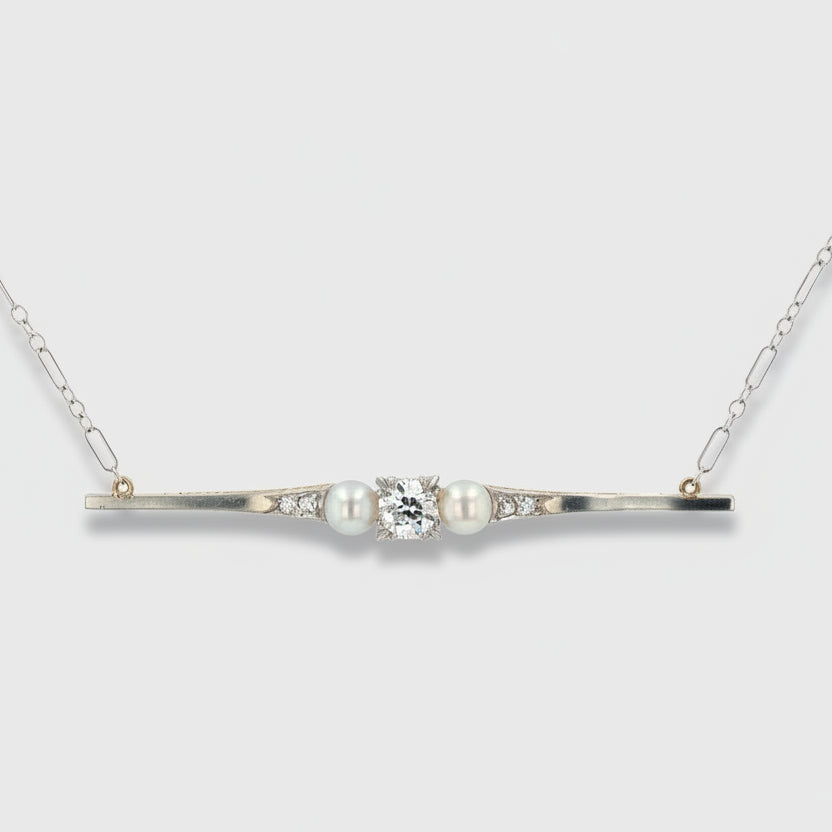0.65 Carat Old European Cut Diamond Pearl Edwardian Bar Necklace