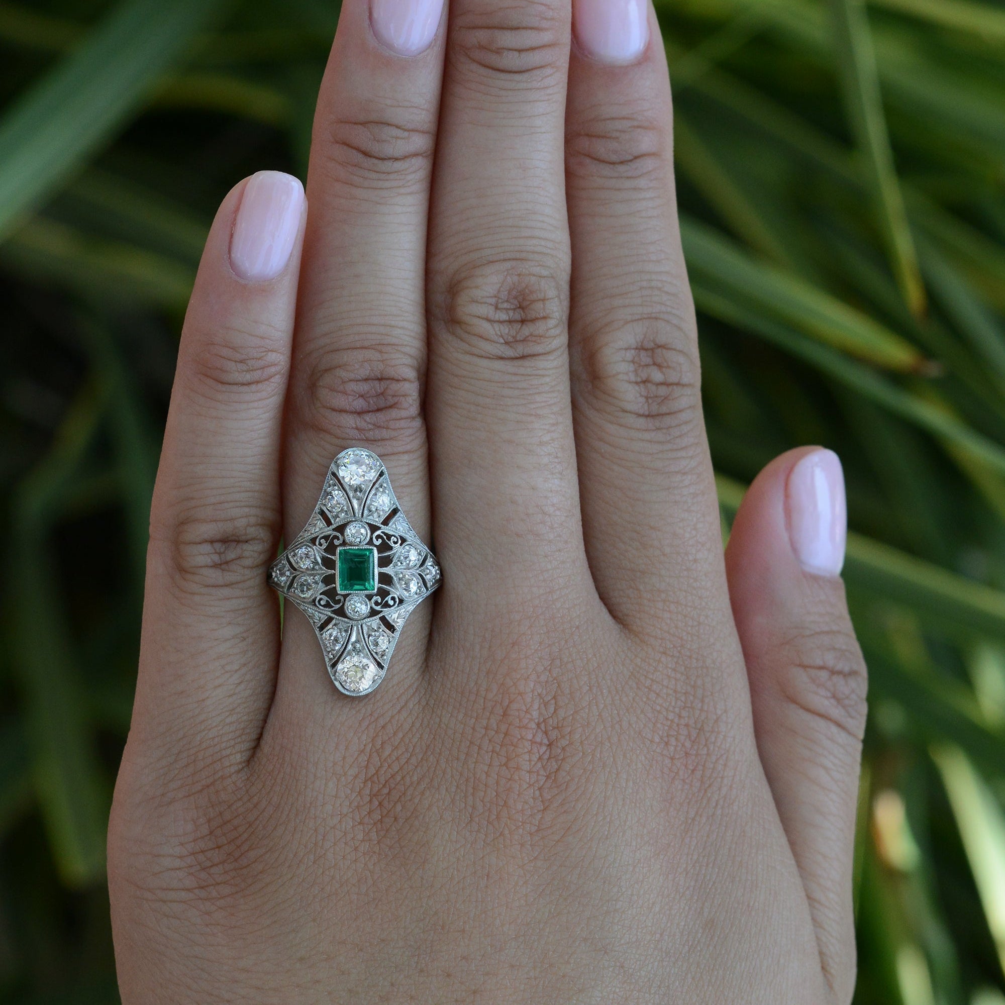 Antique Edwardian Filigree Emerald and Diamond Dinner Ring