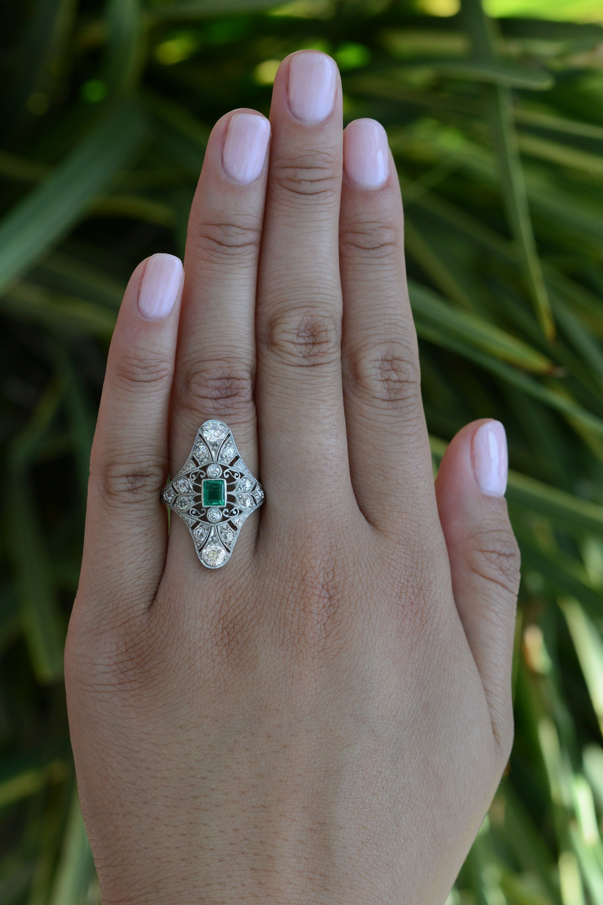 Antique Edwardian Filigree Emerald and Diamond Dinner Ring
