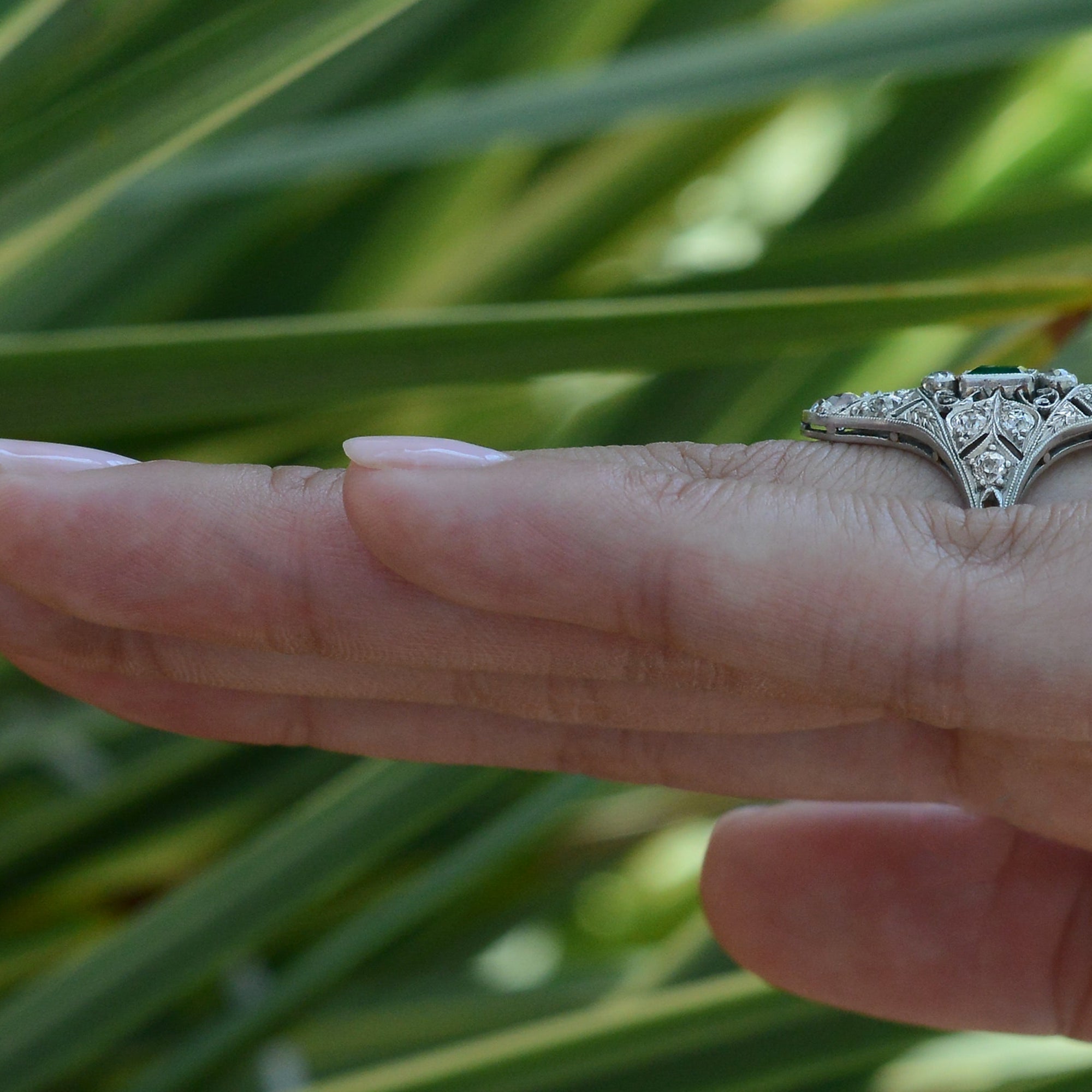 Antique Edwardian Filigree Emerald and Diamond Dinner Ring