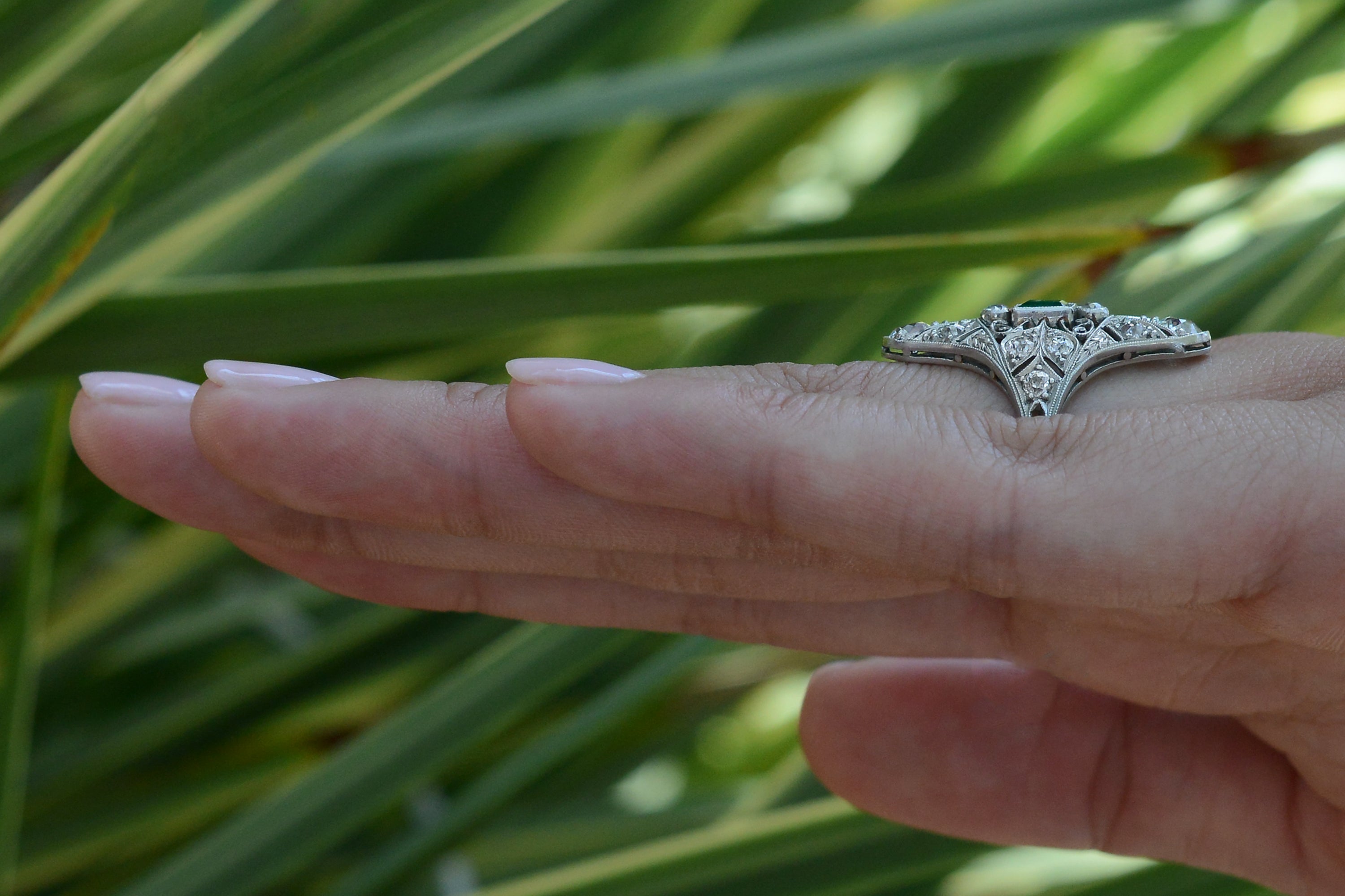 Antique Edwardian Filigree Emerald and Diamond Dinner Ring