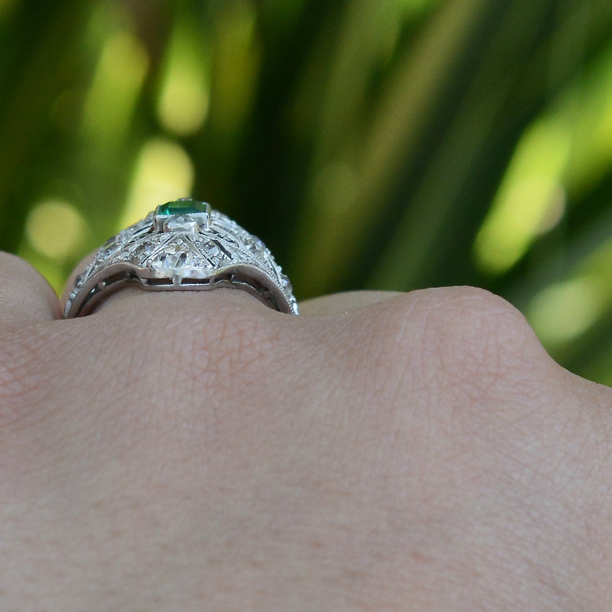 Antique Edwardian Filigree Emerald and Diamond Dinner Ring