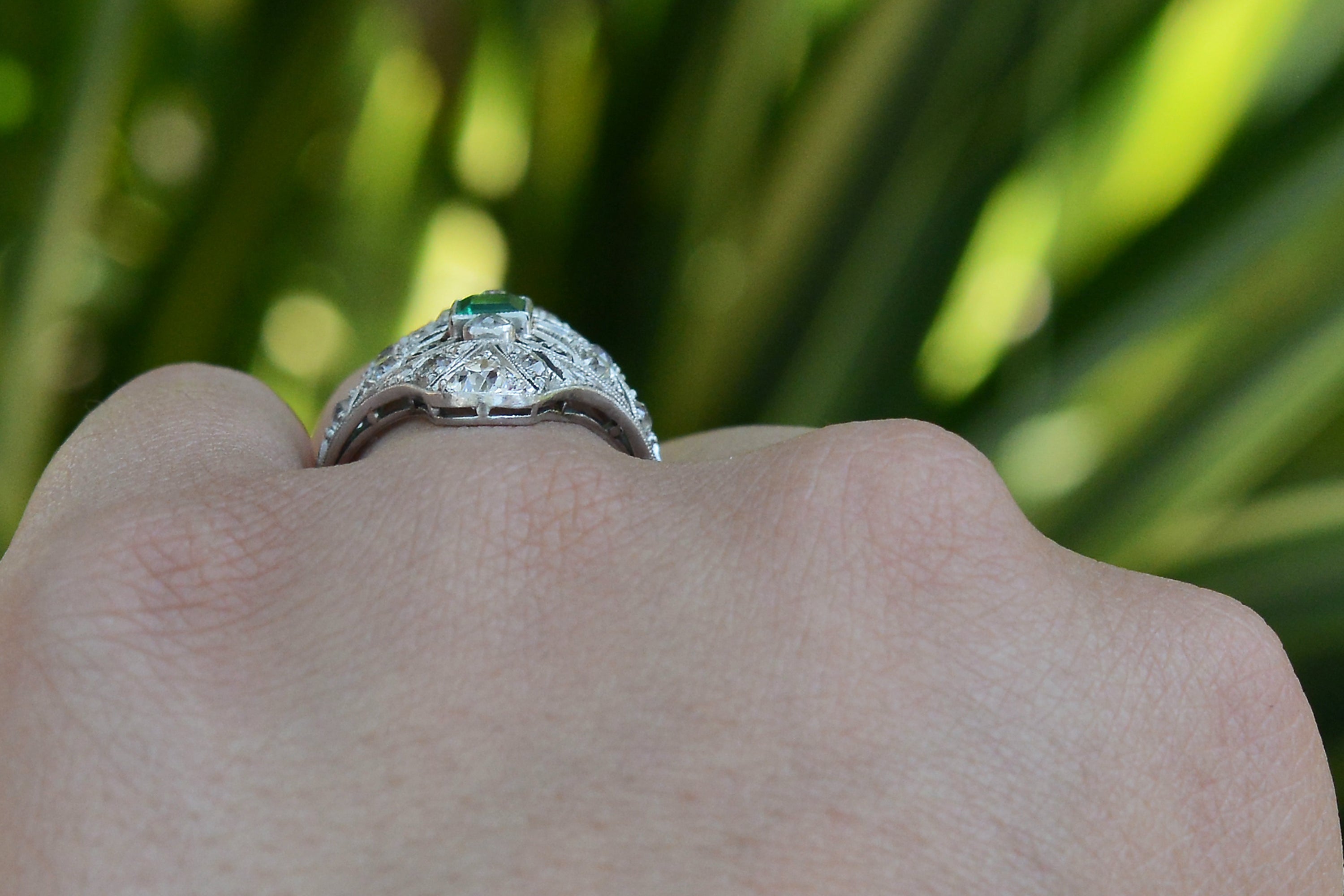 Antique Edwardian Filigree Emerald and Diamond Dinner Ring