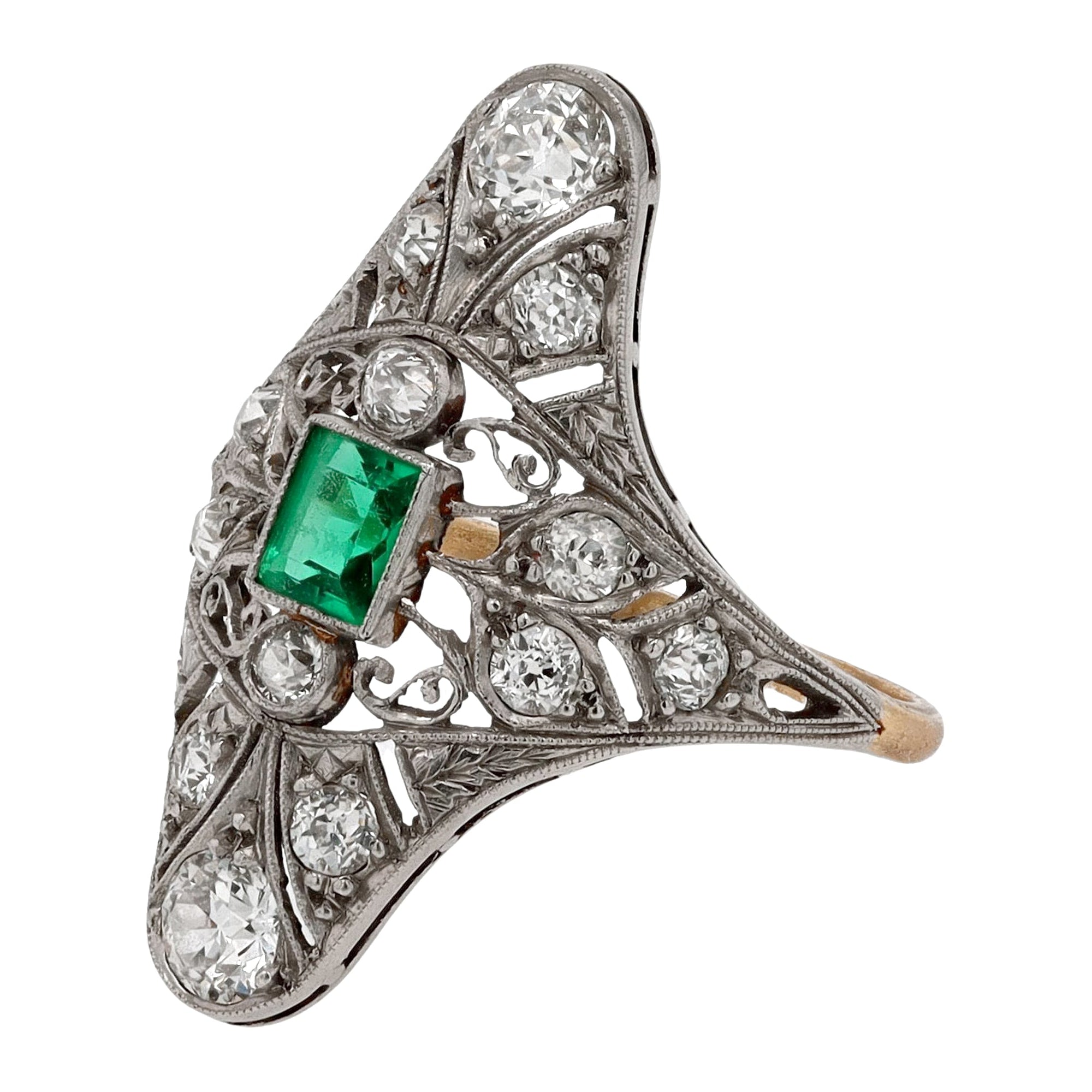 Antique Edwardian Filigree Emerald and Diamond Dinner Ring
