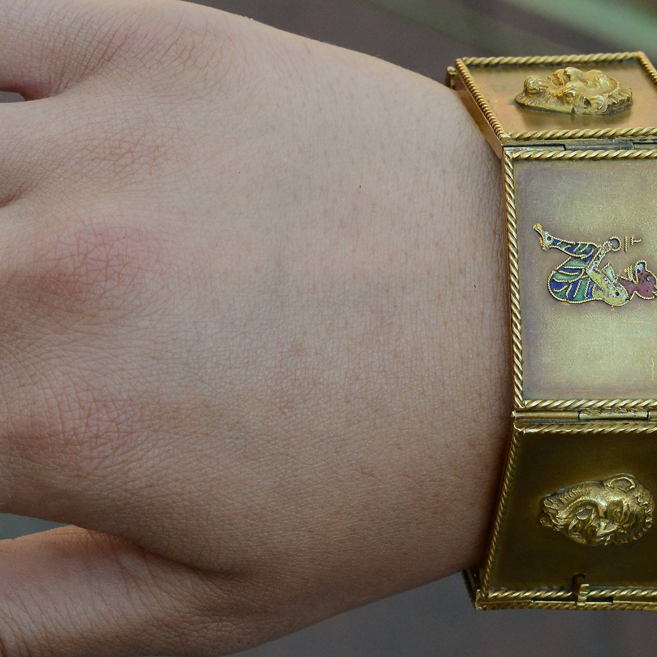 Antique Egyptian Revival Wide Enamel Story Bracelet