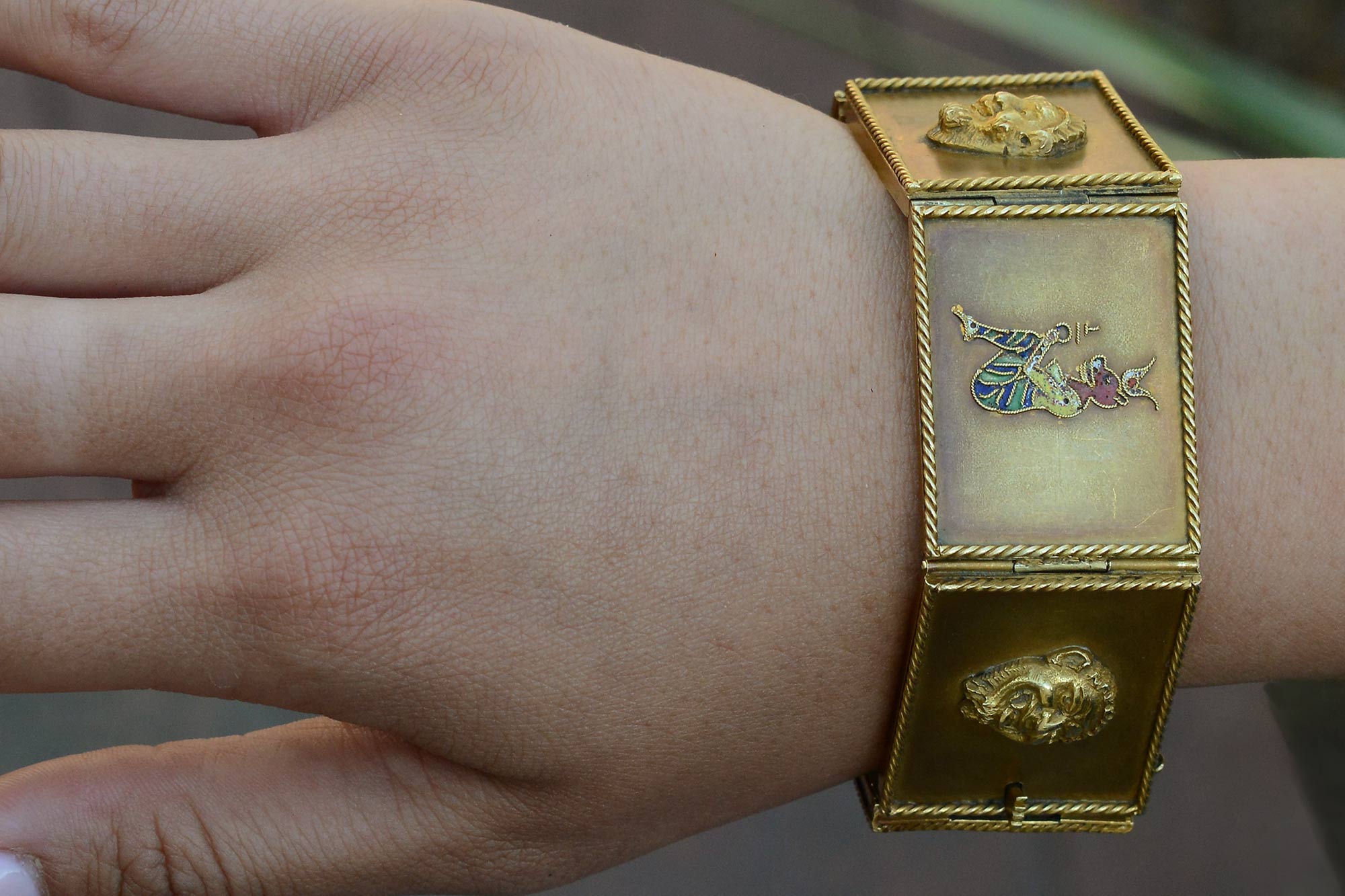 Antique Egyptian Revival Wide Enamel Story Bracelet