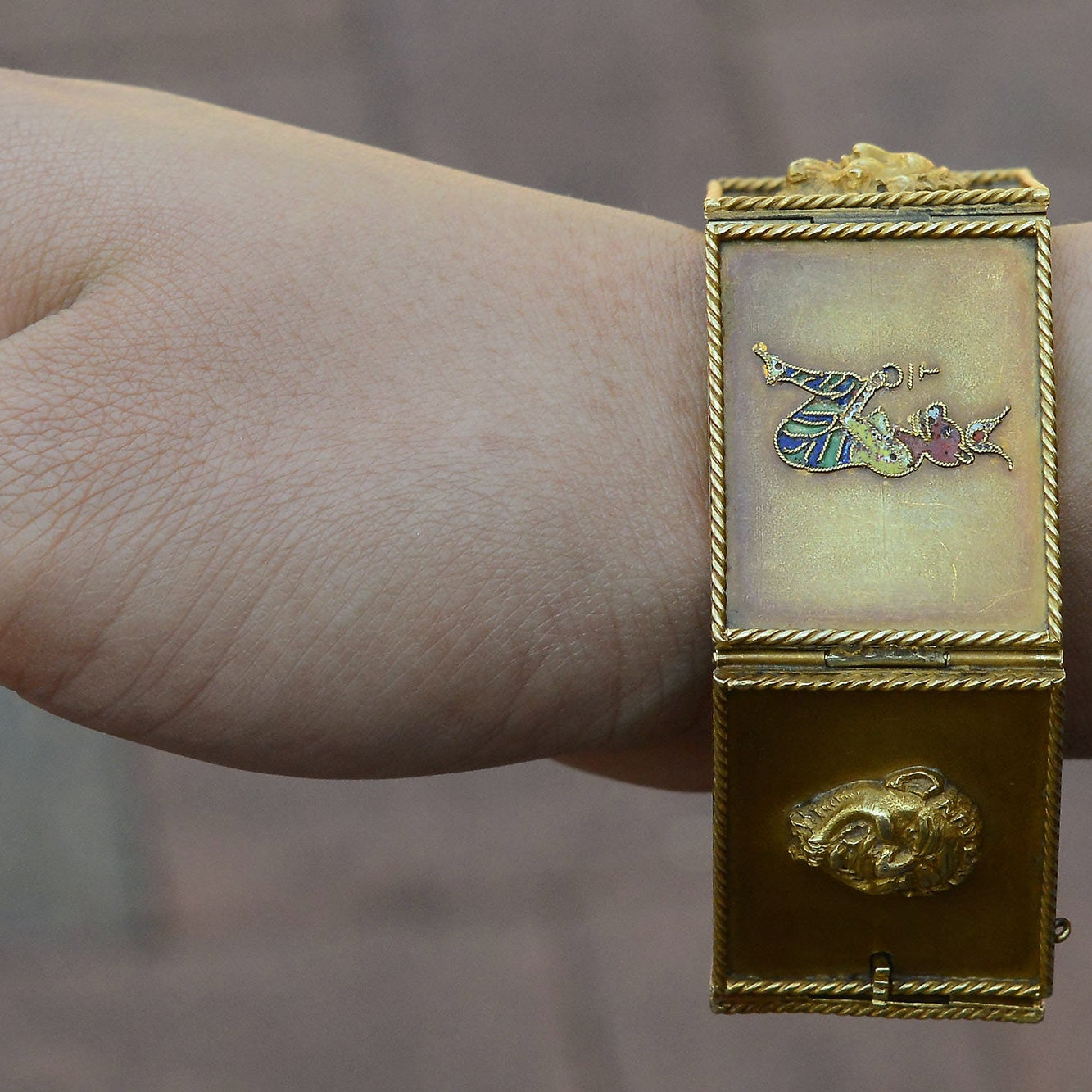 Antique Egyptian Revival Wide Enamel Story Bracelet