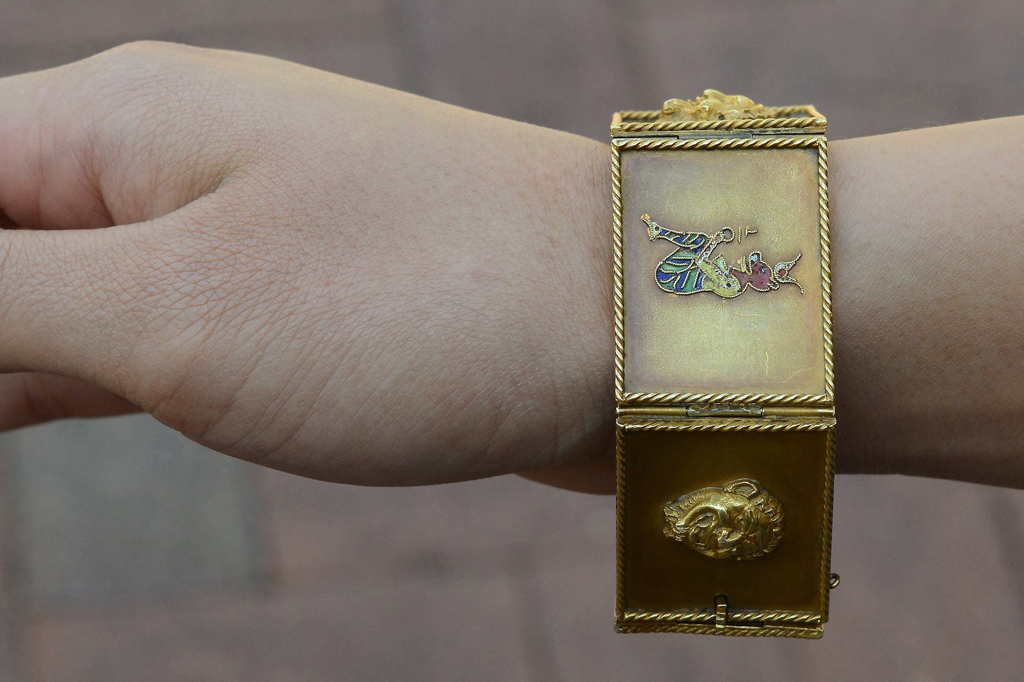 Antique Egyptian Revival Wide Enamel Story Bracelet