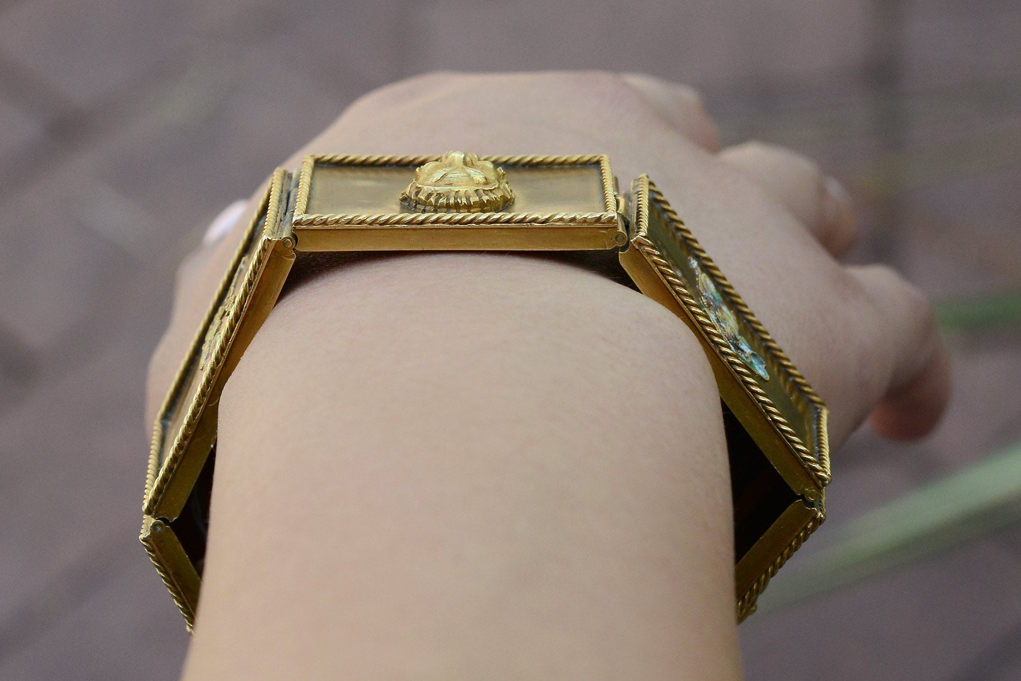 Antique Egyptian Revival Wide Enamel Story Bracelet