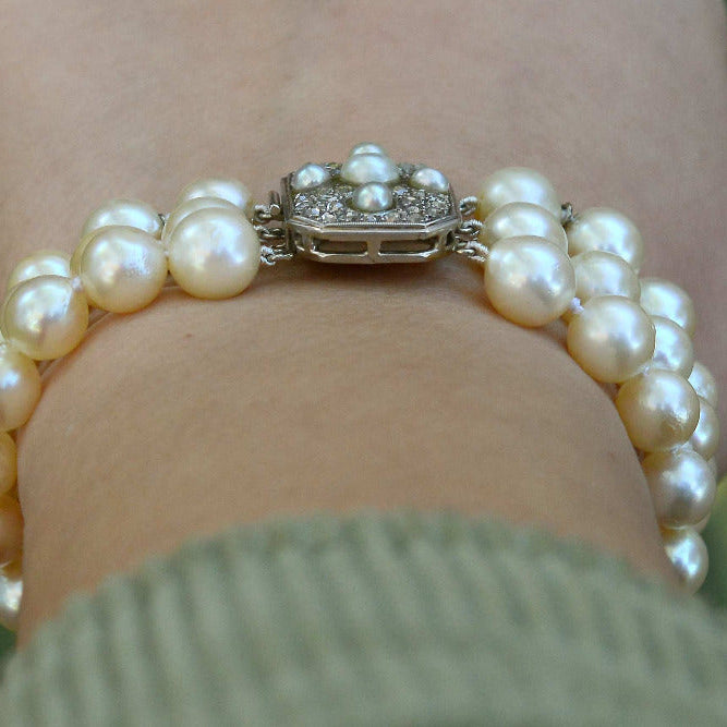 Antique French Belle Époque 3 Strand Pearl & Diamond Bracelet