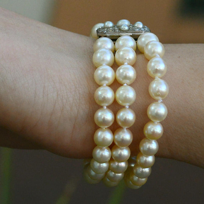 Antique French Belle Époque 3 Strand Pearl & Diamond Bracelet