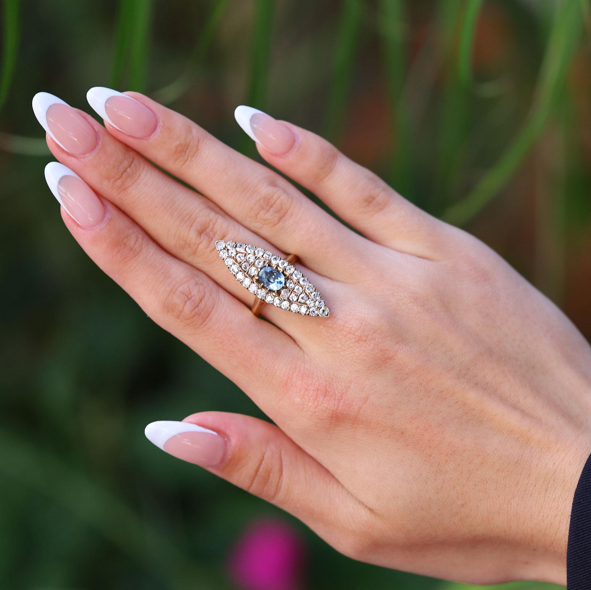 Victorian Aquamarine and Diamond 18 Karat Gold Navette Dinner Ring