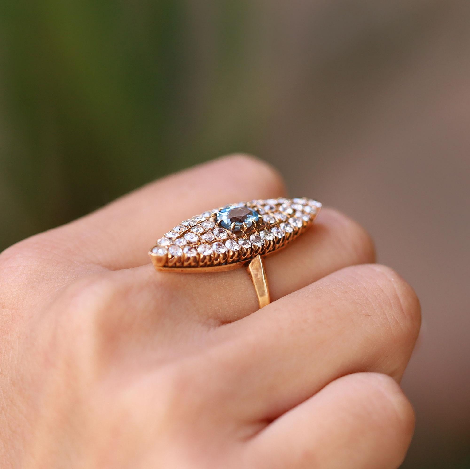 Victorian Aquamarine and Diamond 18 Karat Gold Navette Dinner Ring