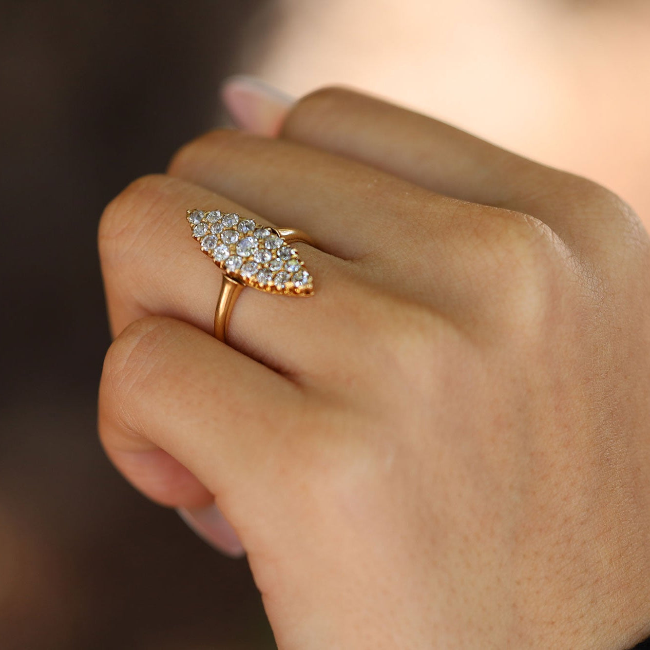 0.96ctw Old Mine Cut Diamond Victorian Navette Ring