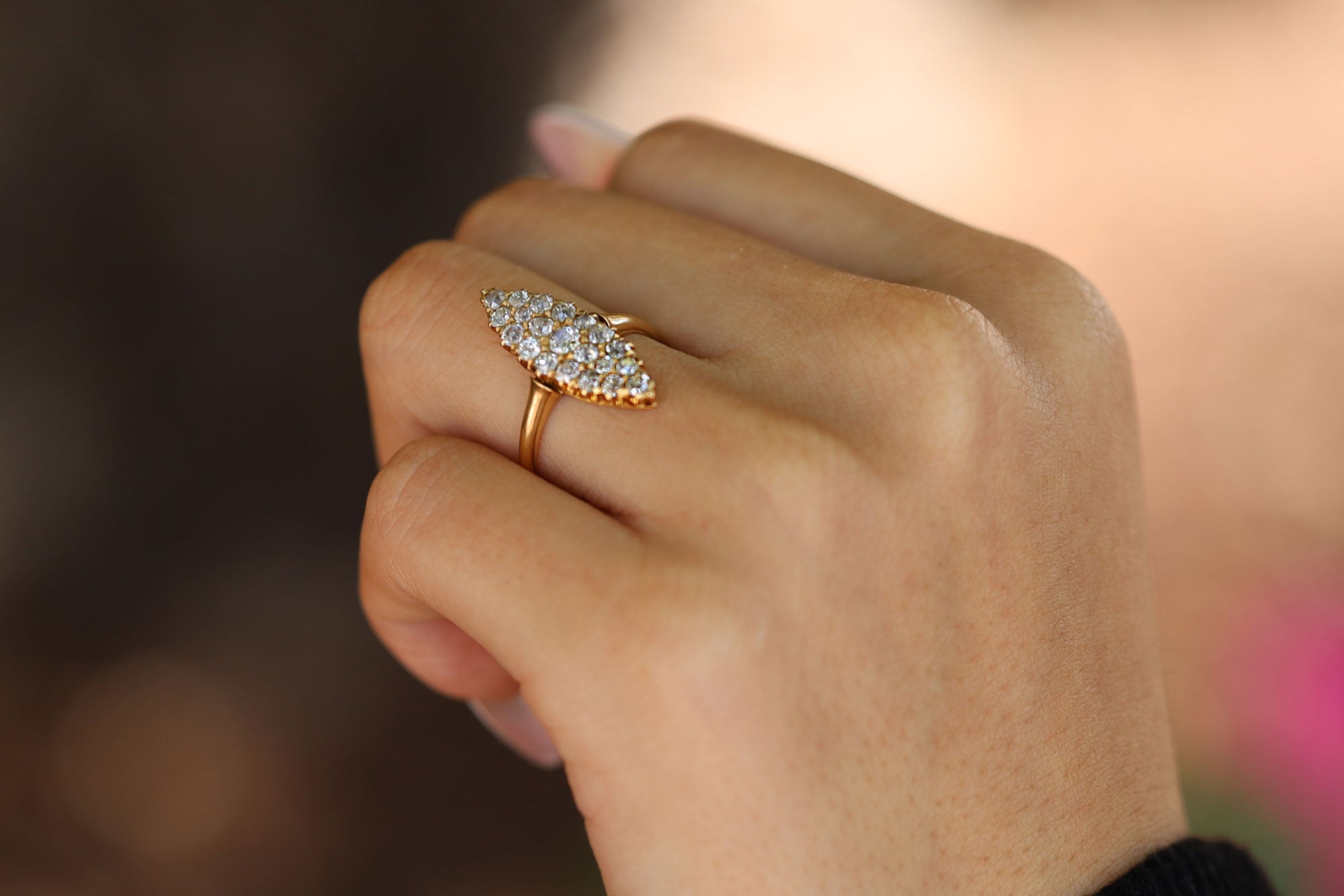 0.96ctw Old Mine Cut Diamond Victorian Navette Ring