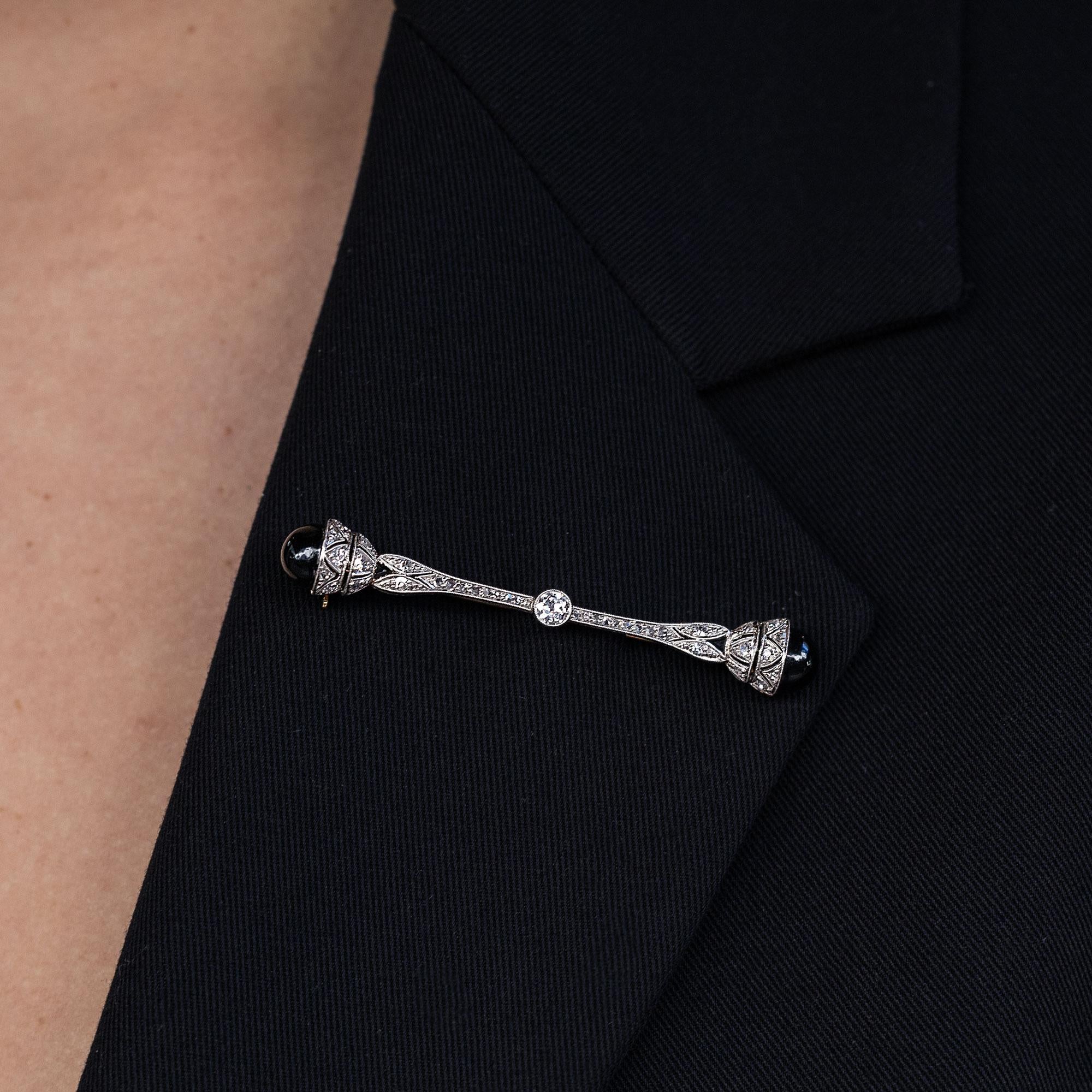 Art Deco Diamond & Black Onyx Platinum Bar Pin