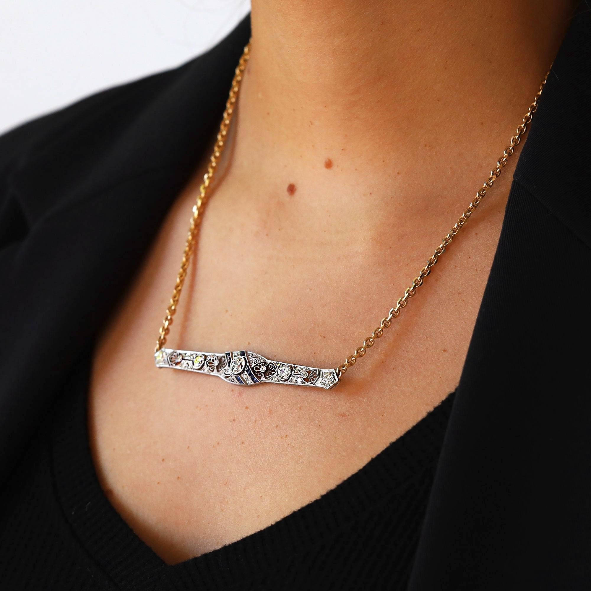 Art Deco 2 Carat Diamond & Sapphire Filigree Bar Necklace