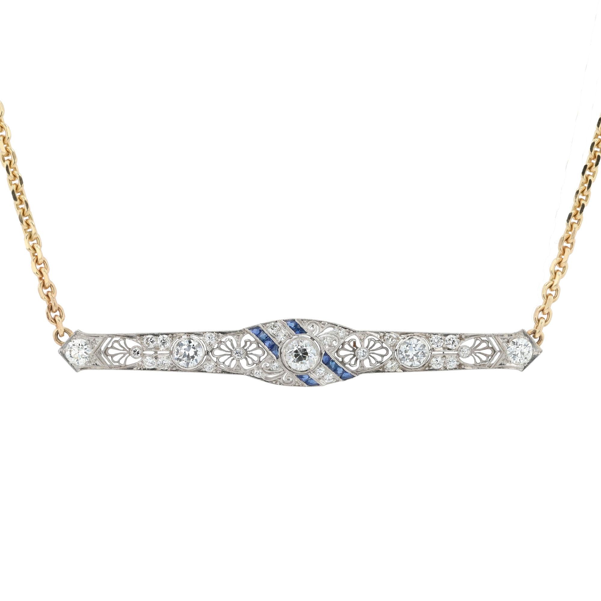 Art Deco 2 Carat Diamond & Sapphire Filigree Bar Necklace