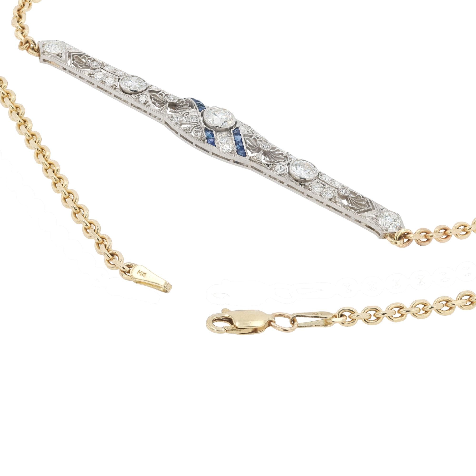 Art Deco 2 Carat Diamond & Sapphire Filigree Bar Necklace