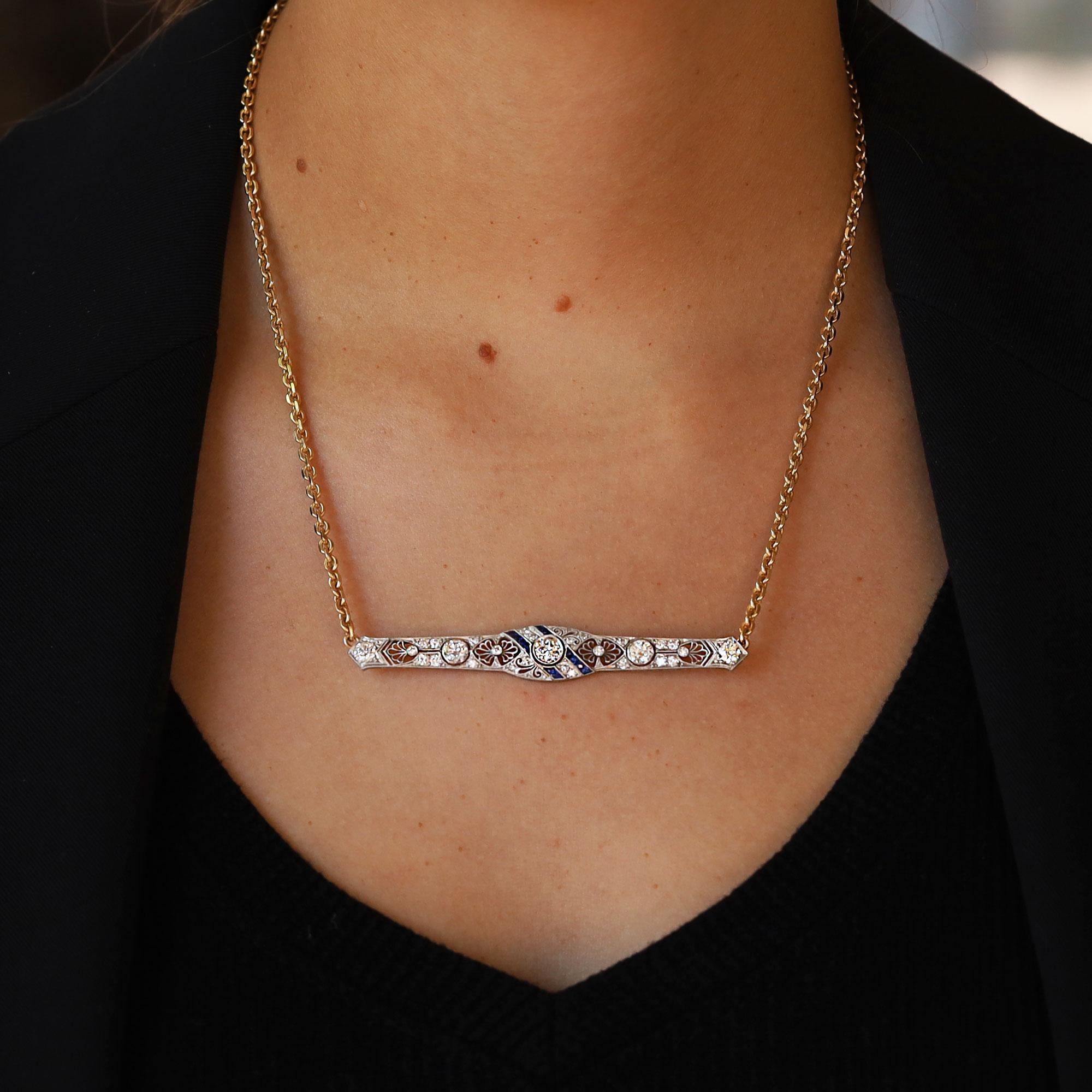 Art Deco 2 Carat Diamond & Sapphire Filigree Bar Necklace