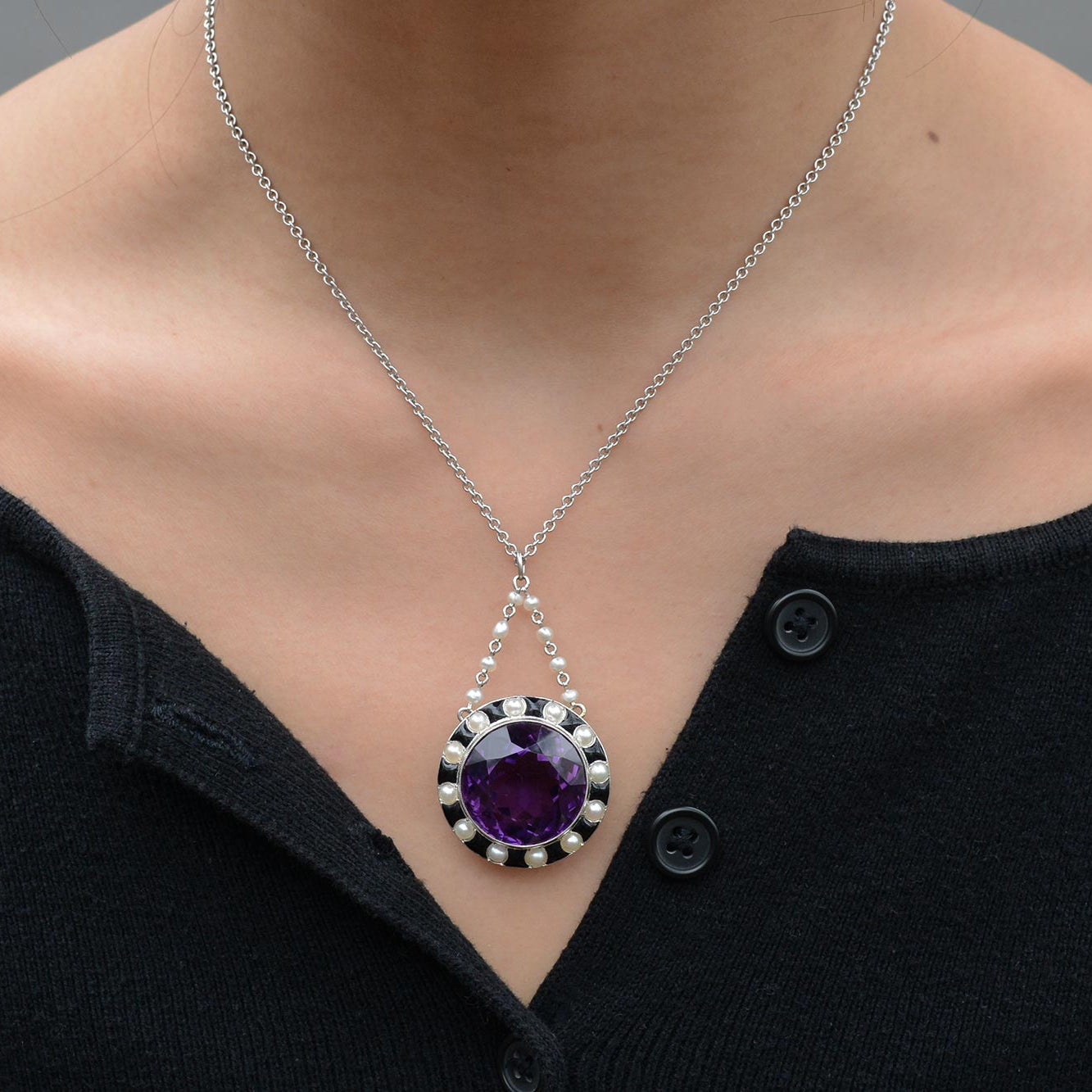 Art Deco 30 Carat Amethyst Onyx and Pearl Necklace