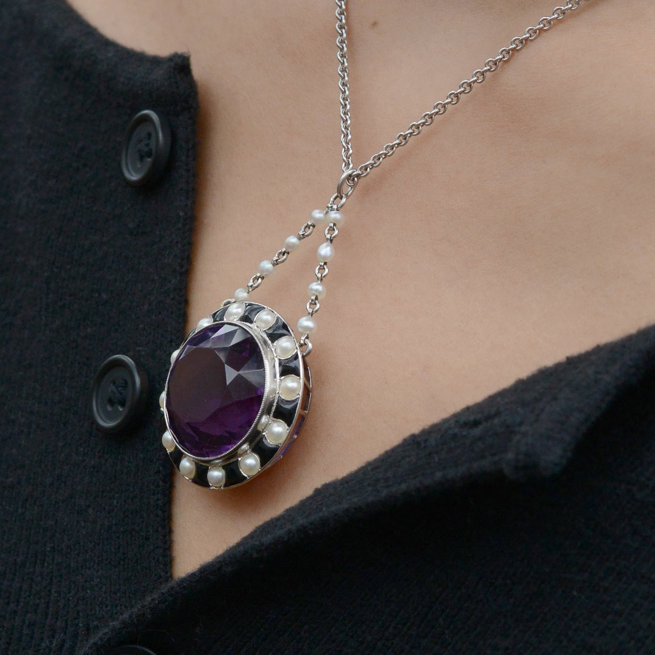 Art Deco 30 Carat Amethyst Onyx and Pearl Necklace