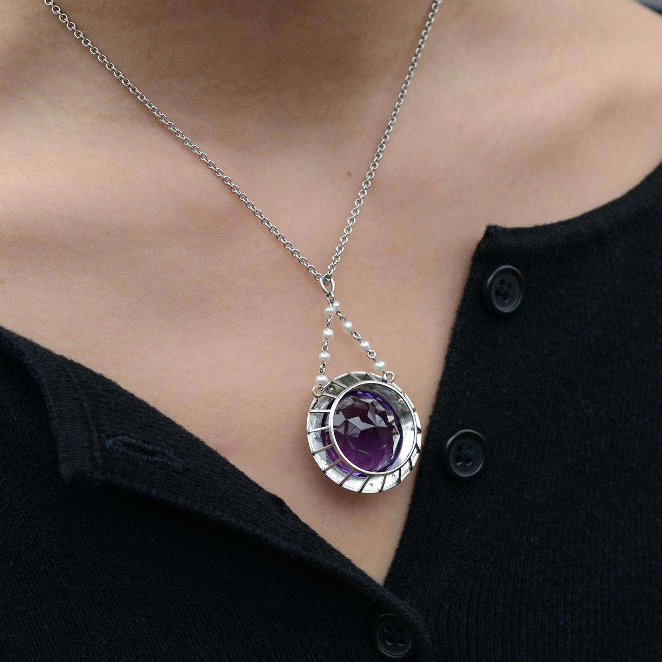 Art Deco 30 Carat Amethyst Onyx and Pearl Necklace