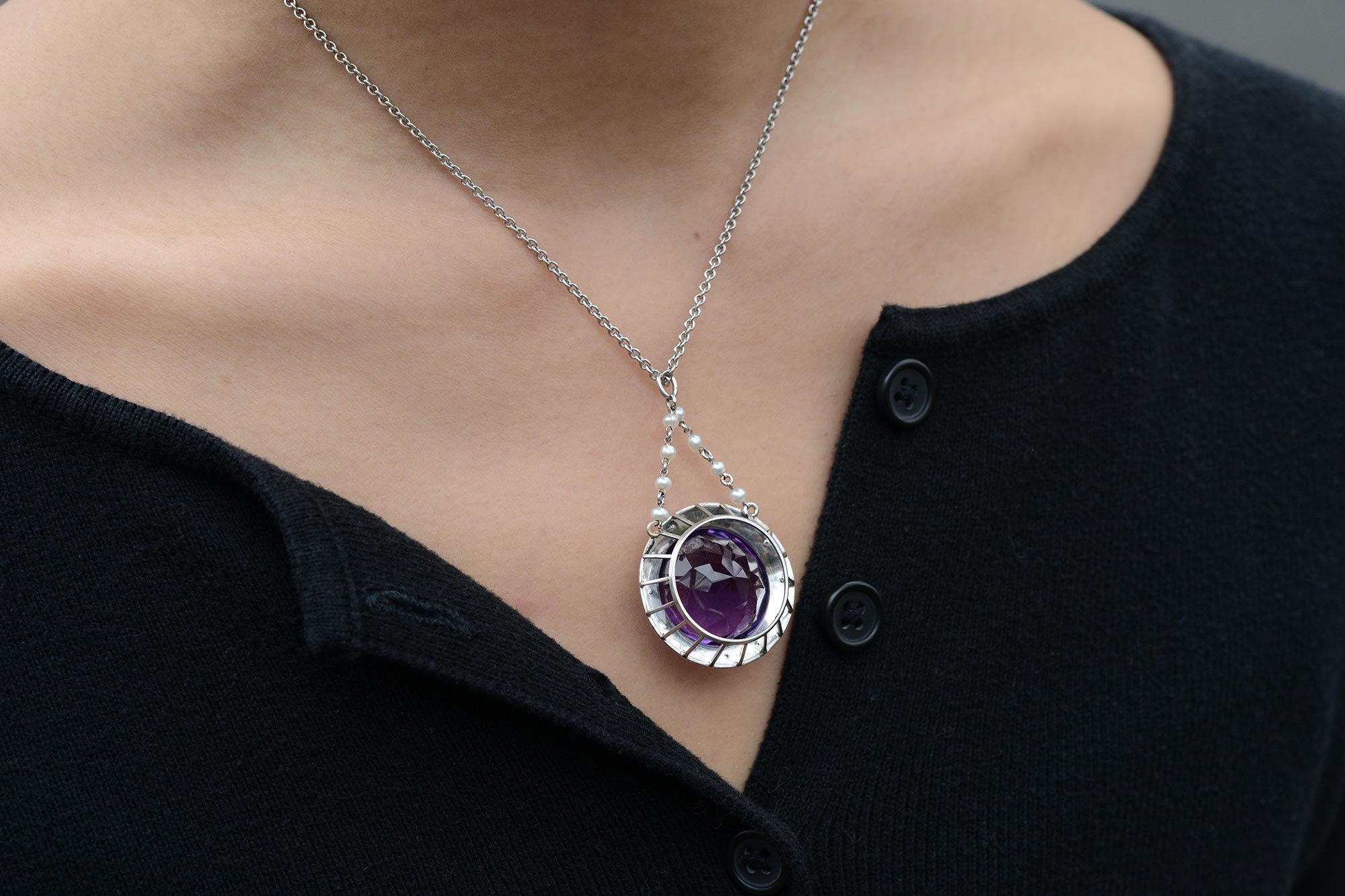 Art Deco 30 Carat Amethyst Onyx and Pearl Necklace